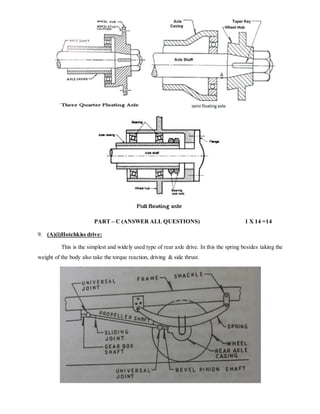 PART – C (ANSWER ALL QUESTIONS) 1 X 14 =14
9. (A)(i)Hotchkiss drive:
This is the simplest and widely used type of rear axle drive. In this the spring besides taking the
weight of the body also take the torque reaction, driving & side thrust.
 