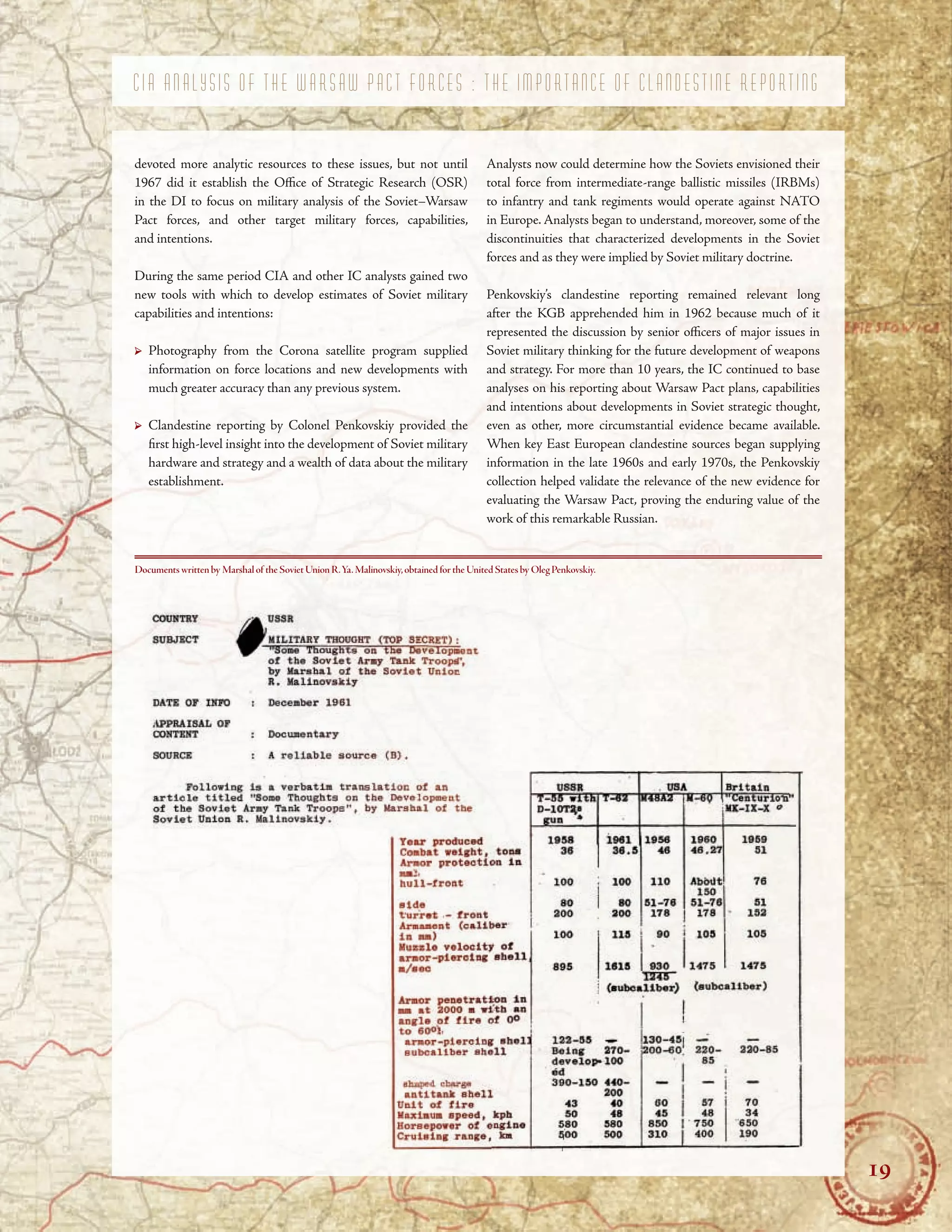 C I A A N A L Y S I S O F T H E W A R S A W P A C T F O R C E S : T H E I M P O R T A N C E O F C L A N D E S T I N E R E P O R T I N G
devoted more analytic resources to these issues, but not until
1967 did it establish the Ofce of Strategic Research (OSR)
in the DI to focus on military analysis of the Soviet–Warsaw
Pact forces, and other target military forces, capabilities,
and intentions.
During the same period CIA and other IC analysts gained two
new tools with which to develop estimates of Soviet military
capabilities and intentions:
→ Photography from the Corona satellite program supplied
information on force locations and new developments with
much greater accuracy than any previous system.
→ Clandestine reporting by Colonel Penkovskiy provided the
frst high-level insight into the development of Soviet military
hardware and strategy and a wealth of data about the military
establishment.
Analysts now could determine how the Soviets envisioned their
total force from intermediate-range ballistic missiles (IRBMs)
to infantry and tank regiments would operate against NATO
in Europe. Analysts began to understand, moreover, some of the
discontinuities that characterized developments in the Soviet
forces and as they were implied by Soviet military doctrine.
Penkovskiy’s clandestine reporting remained relevant long
after the KGB apprehended him in 1962 because much of it
represented the discussion by senior ofcers of major issues in
Soviet military thinking for the future development of weapons
and strategy. For more than 10 years, the IC continued to base
analyses on his reporting about Warsaw Pact plans, capabilities
and intentions about developments in Soviet strategic thought,
even as other, more circumstantial evidence became available.
When key East European clandestine sources began supplying
information in the late 1960s and early 1970s, the Penkovskiy
collection helped validate the relevance of the new evidence for
evaluating the Warsaw Pact, proving the enduring value of the
work of this remarkable Russian.
Documents written by Marshal of the Soviet Union R.Ya.Malinovskiy,obtained for the United States by Oleg Penkovskiy.
19
 