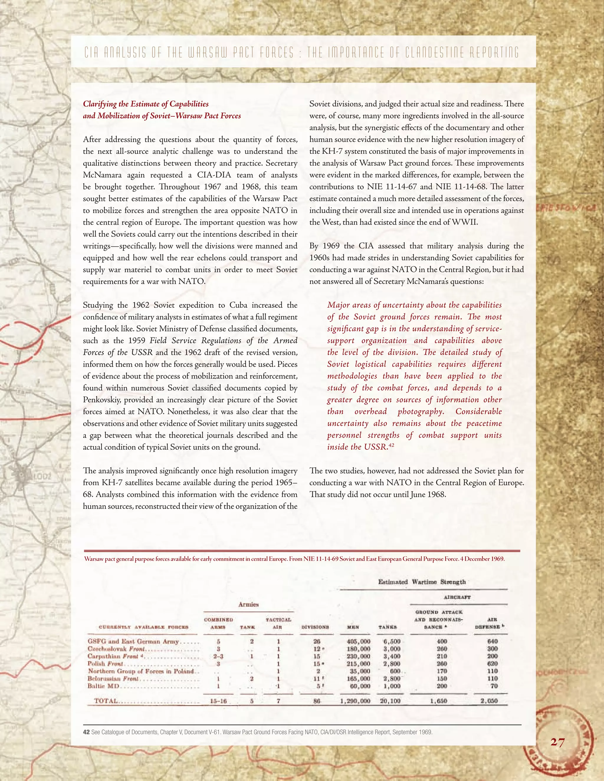 C I A A N A L Y S I S O F T H E W A R S A W P A C T F O R C E S : T H E I M P O R T A N C E O F C L A N D E S T I N E R E P O R T I N G
Clarifying the Estimate of Capabilities
and Mobilization of Soviet–Warsaw Pact Forces
After addressing the questions about the quantity of forces,
the next all-source analytic challenge was to understand the
qualitative distinctions between theory and practice. Secretary
McNamara again requested a CIA-DIA team of analysts
be brought together. Troughout 1967 and 1968, this team
sought better estimates of the capabilities of the Warsaw Pact
to mobilize forces and strengthen the area opposite NATO in
the central region of Europe. Te important question was how
well the Soviets could carry out the intentions described in their
writings—specifcally, how well the divisions were manned and
equipped and how well the rear echelons could transport and
supply war materiel to combat units in order to meet Soviet
requirements for a war with NATO.
Studying the 1962 Soviet expedition to Cuba increased the
confdence of military analysts in estimates of what a full regiment
might look like. Soviet Ministry of Defense classifed documents,
such as the 1959 Field Service Regulations of the Armed
Forces of the USSR and the 1962 draft of the revised version,
informed them on how the forces generally would be used. Pieces
of evidence about the process of mobilization and reinforcement,
found within numerous Soviet classifed documents copied by
Penkovskiy, provided an increasingly clear picture of the Soviet
forces aimed at NATO. Nonetheless, it was also clear that the
observations and other evidence of Soviet military units suggested
a gap between what the theoretical journals described and the
actual condition of typical Soviet units on the ground.
Te analysis improved signifcantly once high resolution imagery
from KH-7 satellites became available during the period 1965–
68. Analysts combined this information with the evidence from
human sources,reconstructed their view of the organization of the
Soviet divisions, and judged their actual size and readiness. Tere
were, of course, many more ingredients involved in the all-source
analysis, but the synergistic efects of the documentary and other
human source evidence with the new higher resolution imagery of
the KH-7 system constituted the basis of major improvements in
the analysis of Warsaw Pact ground forces. Tese improvements
were evident in the marked diferences, for example, between the
contributions to NIE 11-14-67 and NIE 11-14-68. Te latter
estimate contained a much more detailed assessment of the forces,
including their overall size and intended use in operations against
the West, than had existed since the end of WWII.
By 1969 the CIA assessed that military analysis during the
1960s had made strides in understanding Soviet capabilities for
conducting a war against NATO in the Central Region,but it had
not answered all of Secretary McNamara’s questions:
Major areas of uncertainty about the capabilities
of the Soviet ground forces remain. Te most
signifcant gap is in the understanding of service-
support organization and capabilities above
the level of the division. Te detailed study of
Soviet logistical capabilities requires diferent
methodologies than have been applied to the
study of the combat forces, and depends to a
greater degree on sources of information other
than overhead photography. Considerable
uncertainty also remains about the peacetime
personnel strengths of combat support units
inside the USSR.42
Te two studies, however, had not addressed the Soviet plan for
conducting a war with NATO in the Central Region of Europe.
Tat study did not occur until June 1968.
Warsaw pact general purpose forces available for early commitment in central Europe.From NIE 11-14-69 Soviet and East European General Purpose Force.4 December 1969.
42 See Catalogue of Documents, Chapter V, Document V-61. Warsaw Pact Ground Forces Facing NATO, CIA/DI/OSR Intelligence Report, September 1969.
27
 