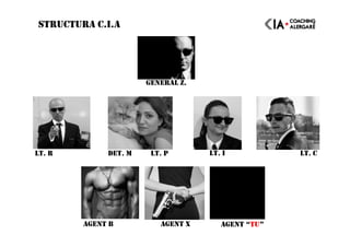 STRUCTURA C.I.A
LT. R DET. M LT. P
AGENT XAGENT B AGENT “TU”
GENERAL Z.
LT. CLT. I
 