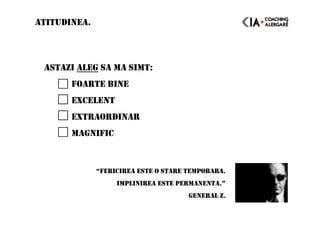 ASTAZI ALEG SA MA SIMT:
FOARTE BINE
EXCELENT
EXTRAORDINAR
MAGNIFIC
ATITUDINEA.
“FERICIREA ESTE O STARE TEMPORARA.
IMPLINIREA ESTE PERMANENTA.”
GENERAL Z.
 