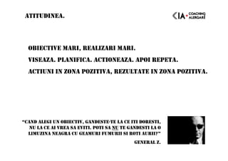 OBIECTIVE MARI, REALIZARI MARI.
VISEAZA. PLANIFICA. ACTIONEAZA. APOI REPETA.
ACTIUNI IN ZONA POZITIVA, REZULTATE IN ZONA POZITIVA.
ATITUDINEA.
“CAND ALEGI UN OBIECTIV, GANDESTE-TE LA CE ITI DORESTI,
NU LA CE AI VREA SA EVITI. POTI SA NU TE GANDESTI LA O
LIMUZINA NEAGRA CU GEAMURI FUMURII SI ROTI AURII?”
GENERAL Z.
 