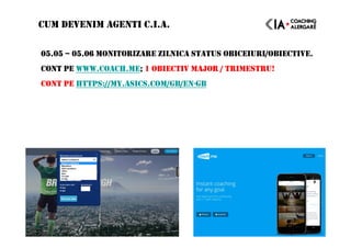 05.0505.0505.0505.05 –––– 05.0605.0605.0605.06 MONITORIZARE ZILNICA STATUS OBICEIURI/OBIECTIVE.
CONT PE WWW.COACH.ME; 1 OBIECTIV MAJOR / TRIMESTRU!
CONT PE HTTPS://MY.ASICS.COM/GB/EN-GB
CUM DEVENIM AGENTI C.I.A.
 