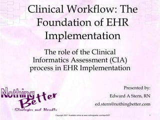 Clinical Workflow: The Foundation of EHR Implementation The role of the Clinical Informatics Assessment (CIA) process in EHR Implementation Copyright 2007  Available online at www.nothingbetter.com/tepr2007 Presented by: Edward A Stern, RN [email_address] 