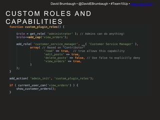 David Brumbaugh • @DavidEBrumbaugh • #Team10Up • www.10up.com
C U S TO M R O L E S A N D C A PA B I L I T I E S
 