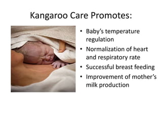 Kangaroo Care Promotes: 
• Baby’s temperature 
regulation 
• Normalization of heart 
and respiratory rate 
• Successful breast feeding 
• Improvement of mother’s 
milk production 
 