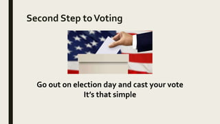 Second Step toVoting
Go out on election day and cast your vote
It’s that simple
 