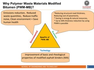 NAME OF THE INSTITUTE, PARUL UNIVERSITYSCHOOL OF ENGINEERING AND TECHNOLOGY 6
Benefits of
PWM-MB
Environmental
Economic
Technology
Improvement of basic and rheological
properties of modified asphalt binders (MA)
*Reducing structural road thickness,
Reducing cost of pavements,
* Saving in energy & natural resources,
* Up to 50% thickness reduction by using
PWM is possible
Emissions reduction, Reduced
waste quantities, Reduce traffic
noise, Clean environment = Save
human health
Why Polymer Waste Materials Modified
Bitumen (PWM-MB)?
 