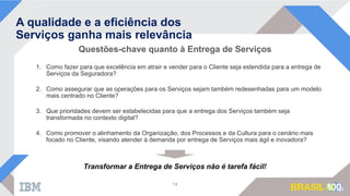 A qualidade e a eficiência dos
Serviços ganha mais relevância
1. Como fazer para que excelência em atrair e vender para o Cliente seja estendida para a entrega de
Serviços da Seguradora?
2. Como assegurar que as operações para os Serviços sejam também redesenhadas para um modelo
mais centrado no Cliente?
3. Que prioridades devem ser estabelecidas para que a entrega dos Serviços também seja
transformada no contexto digital?
4. Como promover o alinhamento da Organização, dos Processos e da Cultura para o cenário mais
focado no Cliente, visando atender à demanda por entrega de Serviços mais ágil e inovadora?
14
Questões-chave quanto à Entrega de Serviços
Transformar a Entrega de Serviços não é tarefa fácil!
 