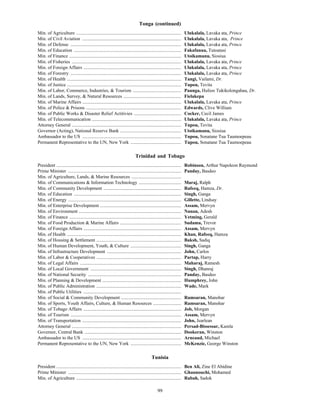 99
Tonga (continued)
Min. of Agriculture ......................................................................................... Ulukalala, Lavaka ata, Prince
Min. of Civil Aviation .................................................................................... Ulukalala, Lavaka ata, Prince
Min. of Defense .............................................................................................. Ulukalala, Lavaka ata, Prince
Min. of Education ........................................................................................... Fakafanua, Tutoatasi
Min. of Finance ............................................................................................... Utoikamanu, Siosiua
Min. of Fisheries ............................................................................................. Ulukalala, Lavaka ata, Prince
Min. of Foreign Affairs ................................................................................... Ulukalala, Lavaka ata, Prince
Min. of Forestry .............................................................................................. Ulukalala, Lavaka ata, Prince
Min. of Health ................................................................................................. Tangi, Vailami, Dr.
Min. of Justice ................................................................................................. Tupou, Tevita
Min. of Labor, Commerce, Industries, & Tourism ......................................... Paunga, Hulioo Tukikolongahau, Dr.
Min. of Lands, Survey, & Natural Resources ................................................. Fielakepa
Min. of Marine Affairs .................................................................................... Ulukalala, Lavaka ata, Prince
Min. of Police & Prisons ................................................................................. Edwards, Clive William
Min. of Public Works & Disaster Relief Actitivies ........................................ Cocker, Cecil James
Min. of Telecommunication ............................................................................ Ulukalala, Lavaka ata, Prince
Attorney General ............................................................................................. Tupou, Tevita
Governor (Acting), National Reserve Bank .................................................... Utoikamanu, Siosiua
Ambassador to the US .................................................................................... Tupou, Sonatane Tua Taumoepeau
Permanent Representative to the UN, New York ........................................... Tupou, Sonatane Tua Taumoepeau
Trinidad and Tobago
President .......................................................................................................... Robinson, Arthur Napoleon Raymond
Prime Minister ................................................................................................ Panday, Basdeo
Min. of Agriculture, Lands, & Marine Resources ..........................................
Min. of Communications & Information Technology .................................... Maraj, Ralph
Min. of Community Development .................................................................. Rafeeq, Hamza, Dr.
Min. of Education ........................................................................................... Singh, Ganga
Min. of Energy ................................................................................................ Gillette, Lindsay
Min. of Enterprise Development ..................................................................... Assam, Mervyn
Min. of Environment ....................................................................................... Nanan, Adesh
Min. of Finance ............................................................................................... Yetming, Gerald
Min. of Food Production & Marine Affairs .................................................... Sudama, Trevor
Min. of Foreign Affairs ................................................................................... Assam, Mervyn
Min. of Health ................................................................................................. Khan, Rafeeq, Hamza
Min. of Housing & Settlement ........................................................................ Baksh, Sadiq
Min. of Human Development, Youth, & Culture ........................................... Singh, Ganga
Min. of Infrastructure Development ............................................................... John, Carlos
Min. of Labor & Cooperatives ........................................................................ Partap, Harry
Min. of Legal Affairs ...................................................................................... Maharaj, Ramesh
Min. of Local Government ............................................................................. Singh, Dhanraj
Min. of National Security ............................................................................... Panday, Basdeo
Min. of Planning & Development ................................................................... Humphrey, John
Min. of Public Administration ........................................................................ Wade, Mark
Min. of Public Utilities ...................................................................................
Min. of Social & Community Development ................................................... Ramsaran, Manohar
Min. of Sports, Youth Affairs, Culture, & Human Resources ........................ Ramsaran, Manohar
Min. of Tobago Affairs ................................................................................... Job, Morgan
Min. of Tourism .............................................................................................. Assam, Mervyn
Min. of Transportation .................................................................................... John, Jearlean
Attorney General ............................................................................................. Persad-Bissessar, Kamla
Governor, Central Bank .................................................................................. Dookeran, Winston
Ambassador to the US .................................................................................... Arneaud, Michael
Permanent Representative to the UN, New York ........................................... McKenzie, George Winston
Tunisia
President .......................................................................................................... Ben Ali, Zine El Abidine
Prime Minister ................................................................................................ Ghannouchi, Mohamed
Min. of Agriculture ......................................................................................... Rabah, Sadok
 