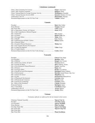 106
Uzbekistan (continued)
Chmn., State Committee for Customs ............................................................ Oripov, Said-Azim
Chmn., State Taxation Committee .................................................................. Khojayev, Botir
Chmn., National Bank for Foreign Economic Activity .................................. Mirkhojayev, Zanutdin
Chmn., National Security Service (SNB) ....................................................... Inoyatov, Rustam, Col. Gen.
Ambassador to the US .................................................................................... Hamrakulov, Shavkat
Permanent Representative to the UN, New York ........................................... Vohidov, Alisher
Vanuatu
President .......................................................................................................... Bani, John, Father
Prime Minister ................................................................................................ Natapei, Edward
Dep. Prime Min. .............................................................................................. Vohor, Serge
Min. of Agriculture, Forestry, & Fisheries ..................................................... Posen, Willy
Min. of the Comprehensive Reform Program .................................................
Min. of Education ........................................................................................... Sese, Jacques
Min. of Finance ............................................................................................... Bomal Carlo, Joe
Min. of Foreign Affairs ................................................................................... Mahe, Alain
Min. of Health ................................................................................................. Leo, Clement
Min. of Infrastructure & Public Utilities ......................................................... Ruben, Jacklin
Min. of Internal Affairs ...................................................................................
Min. of Lands & Mineral Resources ............................................................... Molisa, Sela
Min. of Ni-Vanuatu Business Development ...................................................
Min. of Trade Development ............................................................................ Vohor, Serge
Min. of Youth & Sports ..................................................................................
Permanent Representative to the UN, New York (Acting) ............................. Carlot, Alfred
Venezuela
President .......................................................................................................... Chavez Frias, Hugo
Vice President ................................................................................................. Bastidas, Adina
Min. of Defense .............................................................................................. Rangel, Jose Vicente
Min. of Education, Culture, & Sports ............................................................. Navarro, Hector
Min. of Energy & Mines ................................................................................. Silva Calderon, Alvaro
Min. of Environment & Natural Resources .................................................... Osario, Ana Elisa
Min. of Finance ............................................................................................... Rojas, Jose
Min. of Foreign Affairs ................................................................................... Davila, Luis Alfonso
Min. of Health & Social Development ........................................................... Rodriguez Ochoa, Gilberto
Min. of Infrastructure ...................................................................................... Hurtado, Ismael Eliezer, Maj. Gen.
Min. of Interior & Justice ................................................................................ Miquilena, Luis
Min. of Labor .................................................................................................. Portocarrero, Blancanieves
Min. of Planning & Development ................................................................... Giordani, Jorge
Min. of Production & Commerce ................................................................... Romero, Luisa
Min. of Science & Technology ....................................................................... Genatios, Carlos
Sec., Office of the Presidency ......................................................................... Cabello, Diosdado
Prosecutor General .......................................................................................... Rodriguez, Isaias
Pres., Central Bank ......................................................................................... Castellanos, Diego
Ambassador to the US .................................................................................... Arcaya, Ignacio
Permanent Representative to the UN, New York ........................................... Alcalay, Milos
Vietnam
Vietnamese officials are addressed by the last element in their names.
Chairman, National Assembly ........................................................................ Nguyen Van An
President .......................................................................................................... Tran Duc Luong
Vice President ................................................................................................. Nguyen Thi Binh
Prime Minister ................................................................................................ Phan Van Khai
First Dep. Prime Min. ..................................................................................... Nguyen Tan Dung
Dep. Prime Min. .............................................................................................. Nguyen Cong Tan
Dep. Prime Min. ..............................................................................................
Dep. Prime Min. .............................................................................................. Pham Gia Khiem
 