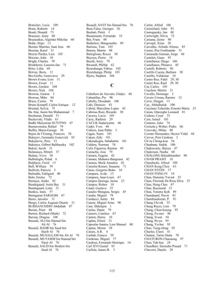115
Branislav, Lecic 109
Brant, Roberto 14
Brash, Donald 73
Brasseur, Anne 60
Brazauskas, Algirdas Mikolas 60
Brdar, Stipo 13
Bremer Martino, Juan Jose 66
Brezina, Karel 31
Brezzo Pardes, Luis 105
Briceno, John 10
Bright, Charles 59
Brinkhorst, Laurens-Jan 71
Brito, Lidia 69
Britvar, Boris 13
Bro-Grebe, Genevieve 29
Brown Evans, Lois 11
Brown, Ewart 11
Brown, Gordon 104
Brown, Nick 104
Browne, Gaston 3
Browne, Mike 84
Bruce, Carlos 79
Bruno Kempff, Carlos Enrique 12
Brustad, Sylvia 75
Bu Alai, Jasim bin Muhammad 7
Buchanan, Donald 51
Buckovski, Vlado 61
Budhi Mulyawan SUYITNO 47
Buenaventura, Rafael 79
Buffet, Marie-George 38
Bujon de l’Estang, Francois 38
Bukayev, Gennadiy Ivanovich 82
Bukejlovic, Pero 13
Bukenya, Gilbert Balibaseka 102
Buksti, Jacob 31
Bulanauca, Mitieli 37
Bulane, Vova 58
Bulbuloglu, Polad 6
Buljbasic, Ferid 13
Bull, William 59
Bullrich, Patricia 3
Bulmahn, Edelgard 40
Bulo, Ensley 72
Bumaya, Andre 82
Bundegaard, Anita Bay 31
Bundsgaard, Lotte 31
Bunkss, Janis 57
Bunngaran SARAGIH 47
Bures, Jaroslav 31
Burgo, Carlos Augusto Duarte 21
BURHANUDDIN Abdullah 47
Burian, Peter 88
Burton, Richard (Mark) 72
Burzan, Dragisa 108
Busaidi, ALI bin Hamud bin
Ali Al 76
Busaidi, BADR bin Saud bin
Harib Al 76
Busaidi, MUSALLAM bin Ali Al 76
Busaidi, MUTASIM bin Hamud bin
Nasir Al 76
Busaidi, SAUD bin Ibrahim bin
Saud Al 76
Busaidi, SAYF bin Hamad bin 76
Buse Falay, Georges 26
Bushati, Petrit 1
Bustamante, Fernando 33
But, Franc 88
Buthelezi, Mangosuthu 89
Butiime, Tom 103
Butora, Martin 88
Buttiglione, Rocco 50
Buyoya, Pierre 18
Buzek, Jerzy 79
Bwanalt, Phillip 62
Byaruhanga, Fabius 102
Byaruhanga, Philip 103
Byers, Stephen 104
C
Caballero de Arevalo, Gladys 44
Cabanillas, Pio 90
Cabello, Diosdado 106
Cabi, Dionisio 43
Cabral, Marcelino Lopes 43
Cabrisas Ruiz, Ricardo 30
Caceres, Lucio 105
Cacic, Radimir 29
CACUK Sudariyanto 48
Cadet, Yves 44
Cafiero, Juan Pablo 3
Cagan, Nami 101
Cakan, Zeki 101
Cakmakoglu, Sabahattin 101
Caldera, Norman 74
Calix Figueroa, Ramon 45
Camacho, Jose 79
Camara, Eugene 42
Camara, Mahawa Bangoura 42
Camara, Sheik Amadou 42
Camelia-Romer, Susanne 71
Camo, Gregorio Boho 34
Campara, Avdo 13
Campora, Jean-Louis 67
Campos Quiroga, Jaime 23
Campos, Ruben 10
Canal, Gustavo 25
Canales Munguia, Sergio 45
Candia, Miguel 78
Canducci, Sante 84
Canete, Miguel Arias 90
Cani, Shkelqim 1
Canlas, Dante 79
Cantero, Catalino 67
Canton, Henry 10
Caplan, Elinor 21
Capoulas Santos, Luis Manuel 80
Captan, Monie 58
Caram, A.R. 4
Carbah, Francis 59
Cardenas, Miguel 77
Cardoso, Fernando Henrique 14
Carl XVI Gustaf 93
Carlisle, James B. 3
Carlot, Alfred 106
Carmichael, John 93
Carnogursky, Jan 88
Cartwright, Silvia 72
Caruana, Jaime 90
Carvajal, Xinia 28
Carvalho, Arlindo Afonso 85
Casini, Pier Ferdinando 51
Castaneda Gutman, Jorge 66
Castelen, Guno 93
Castellanos, Diego 106
Castellanos, Plutarco 45
Castelli. Roberto 50
Castillo Cuesta, Barbara 30
Castillo, Valdemar 10
Castro Ruz, Fidel 29, 30
Castro Ruz, Raul 29, 30
Cat, Carlos 105
Cauchon, Martin 21
Cavallo, Domingo 3
Cavero Uriona, Ramiro 12
Cavic, Dragan 13
Cay, Abdulhaluk 100
Cayetano Toherida, Ernesto Maria 35
Cazan, Gheorghe Leonard 81
Cedeno, Cesar 33
Cem, Ismail 101
Centeno, Julio 74
Cerisola y Weber, Pedro 66
Cerovsky, Milan 88
Cerrato Hernandez, Hector Vidal 44
Cervos, Pere Cardona 2
Ch’oe Chong-kon 54
Chaabane, Sadok 100
Chakravarty, Bijoya 47
Chakrouni, Nazha 68
CHALONG Khrutkhunthot 98
CHAM PRASIT 18
Chambeshi, Alfred 109
CHAN Kong Choy 63
CHAN NYEIN 17
CHAN TONG IV 19
Chan, Dominic Yin-tat 25
Chan, Florinda Da Rosa Silva 25
Chan, Heng Chee 87
Chan, Raymond 21
Chan, Tommy Koh 89
Chandarpal, Navin 43
Chandrasekeran, P. 91
Chang Chi-sik 55
Chang Reyes, Luis 79
Chang, Chun-hsiung 95
Chang, Fu-mei 96
Chang, Il-son 54
Chang, Po-ya 95
Chang, Yu-hui 95
Chao, Yang-ching 95
Charles, Claris 41
Chataut, Tarini Dutta 70
CHATURON Chaisaeng 97
Chau, Tak-hay 24
Chaudhari, Surendra Prasad 71
Chaverri, Danilo 28
 