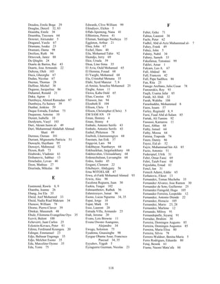 118
Doudou, Emile Boga 29
Douglas, Denzil 32, 83
Doumba, Emile 38
Doumbia, Tiecoura 64
Downer, Alexander 5
Draganel, Vasile 67
Dramane, Issaka 23
Dramani, Dama 98
Dreifuss, Ruth 94
Drnovsek, Janez 88
Du Qinglin 24
Duarte de Barros, Rui 43
Duarte, Jose Armando 22
Dubyna, Oleh 103
Duca, Gheorghe 67
Dudau, Nicolae 67
Duenas, Thomas 28
Duffour, Michel 38
Dugasse, Jacqueline 86
Duhamel, Ronald 21
Duka, Agron 1
Dumbuya, Ahmed Ramadan 87
Dumbuya, Fa Sainey 39
Dunbar, Jenkins 59
Duque Estrada, Esteban 73
Duquesne, Antoine 10
Durant, Isabelle 10
Durdynets, Vasyl 103
Duri, Akram Jasim al- 49
Duri, Muhammad Abdallah Ahmad
Shati 49
Durmus, Osman 101
Durrant, Mignonette Patricia 51
Duwayhi, Haytham 95
Duwayri, Mahmoud 52
Dyson, Ruth 73
Dzabirski, Vladimir 61
Dzihanovic, Sahbaz 13
Dzneladze, Levan 40
Dzon, Mathias 27
Dzurinda, Mikulas 88
E
Eastmond, Rawle 8, 9
Ebamba, Jeanne 26
Ebang, Jos Ela 35
Ebeid, Atef Mohamed 33
Ebeid, Nadia Riad Makram 34
Ebenosi, William 78
Ebome, Pierre-Claver 39
Ebtekar, Masumeh 48
Ebule, Filomena Evangelina Oyo 35
Ecevit, Bulent 100
Echeverri, Juan Carlos 25
Eckstein-Kovacs, Peter 81
Edima, Ferdinand Koungou 20
Edingar, Emmanuel 23
Edjo, Baltasar Engonga 35
Edjo, Melchor Esono 35
Edu, Marcelino Oyono 35
Edu, Yomi 75
Edwards, Clive William 99
Efendiyev, Elchin 5
Effah-Apenteng, Nana 41
Efthimiou, Petros 41
Efuman, Santiago Nsobeya 35
Eggleton, Arthur 21
Ehsa, John 67
Eichel, Hans 40
Eila, Mohamed Tahir 92
Ekandjo, Jerry 69
Ekie, Ursala 39
Ekua, Lino Sima 35
El Avia, Ould Mohamed 65
El Hemma, Fouad 68
El Yazghi, Mohamed 68
Ela, Cristobal Menana 35
Elahi, Syed Manzur 7, 8
el-Amine, Souefou Mohamed 25
Elegbe, Amos 11
Elewa, Kaba Ould 65
Elias, Cassius 83
Eliasson, Jan 94
Elizabeth II 104
Ellison, Chris 5
Ellison, Christopher (Chris) 5
EM SAM AN 19
Eman, Henney 4
Eman, Henny 4
Embalo, Antenio Serifo 43
Embalo, Antonio Serifo 43
Embel, Philemon 78
Enebish, Lhamsurengiyn 68
Enestam, Jan Erik 37
Engqvist, Lars 94
Enkhbayar, Nambaryn 68
Enkhsaikhan, Jargalsaikhany 68
Enkhtuvshin, Ulziisaikhany 68
Erdenechuluun, Luvsanglin 68
Erdos, Andre 45
Eregani, Clement 22
Erkebayev, Abdygany 56
Erna WITOELAR 47
Erwa, el-Fatik Mohamed Ahmed 93
Erwin, Alec 90
Escalona Reguera, Juan 30
Esekia, Teagai 102
Eshmambetov, Ratbek 56
Eshmirzoyev, Ismat 96
Esono, Lucas Nguema 34, 35
Espat, Jorge 10
Espat, Mark 10
Esso, Laurent 20
Estrada Villa, Armando 25
Etah, Jerome 20
Evans, Lois Browne 11
Evuna Owono Asangono,
Alejandro 34
Ewugu, Solomon 75
Eyadema, Gnassingbe 98
Eyegue Obama Asue, Francisco
Pascual 34, 35
Eyyubov, Yagub 5
Eyzaguirre Guzman, Nicolas 23
F
Faber, Geke 71
Fabius, Laurent 38
Fachi, Peter 62
Fadhil, Abd al-Aziz Muhammad al- 7
Fahey, Frank 49
Fahey, John 5
Fahmy, Nabil 34
Fahmy, Sameh 33
Fakafanua, Tutoatasi 99
Fakhri, Amar 1
Falcam, Leo A. 67
Fall, Abdoul 86
Fall, Francois 42
Fall, Pape Sadibou 86
Fan, Rita 25
Fanego Arellano, Julio Cesar 78
Fanourakis, Roy 93
Faqih, Usama Jafar 85
Farah, Ali Abdi 32
Farah, Wahiba 108
Farashuddin, Mohammed 8
Fares, Issam 57
Farley, Reginald 8, 9
Farsi, Fuad Abd al-Salam 85
Fartak, Ali Tamim 92
Fassassi, Kamarou 11
Fassi, Abbas 68
Fathy, Ismail 64
Fathy, Moosa 64
Fatima, Trapsida 74
Faure, Danny 86
Fayez, Eid al- 52
Fayiz, Muhammad bin Ali 85
Fazio, Antonio 51
Federspiel, Ulrik 31
Fehri, Omar Fassi 69
Fehri, Taieb Fassi 68
Fejzulahu, Ernad 61
Fencl, Jan 31
Fenech Adami, Eddie 65
Ferhatovic, Fikret 13
Fernandex, Tomas Mecheba 35
Fernandez Alvarez, Jose Ramon 30
Fernandez de Soto, Guillermo 25
Fernandez Faingold, Hugo 105
Fernandez Ferreira, Leopoldo 12
Fernandez, Antonio Diende 22
Fernandez, Horacio 105
Fernandez, Mario 23, 28
Fernandez, Marlene 12
Fernando, Milroy 91
Fernandopulle, Jeyaraj 91
Ferradaz, Ibrahim 30
Ferreira, Domingos Augusto 85
Ferreira, Domingos Augustos 85
Ferreira, Maria Elisa 80
Ferreira, Silvio 78
Ferrero-Waldner, Benita-Maria 5
Ferro Rodrigues, Eduardo 80
Fetaj, Besnik 61
Fiame, Naomi Mata’afa 84
 