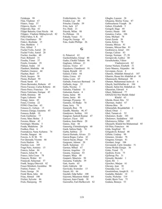 119
Fielakepa 99
Filat, Vladimir 67
Filatov, Tarja 37
Filipovic, Karlo 13
Filipovski, Ilija 61
Filippi Balestra, Gian Nicola 84
Filippov, Vladimir Mikhaylovich 82
Fillie-Faboe, S. R. 87
Fini, Gianfranco 50
Finkov, Bozhidar 15
Fino, Bashkim 1
Finz, Alfred 5
Fischel Voilo, Astrid 28
Fischel Volio, Astrid 28
Fischer, Joschka 40
Fiser, Bohumil 31
Fisseha, Yimer 37
Fizulic, Goranko 29
Flahaut, Andre 10
Flambert, Mathilde 44
Flaubert, Gustave 44
Flayhan, Basil 57
Floch, Jacques 38
Flomo, Richard 59
Flood, Sarah 83
Flores Bermudez, Roberto 45
Flores Facusse, Carlos Roberto 44
Flores Perez, Francisco 34
Flores Valeriano, Enrique 45
Fobih, Dominic 40
Fogas, Lubomir 88
Fonagy, Janos 45
Fones, Cristina 22
FONG Chan Onn 63
Fonseca Jr., Gelson 15
Fonseca Zuniga, Gautama 45
Fonseca, Ralph 10
Ford, Guillermo 77
Forne, Marc Molne 2
Foromo, Blaise 42
Forstinger, Monika 5
Fouda, Madeleine 20
Foulkes, Dion 6
Foumakoye, Nana Aichatou 74
Fowdar, Sangeet 66
Fowzie, A. H. M. 91
Fox Quesada, Vicente 66
Fozia Hashim 36
Frachini, Luis 105
Fraga Neto, Arminio 15
Francis, Julian 84
Francis, Julian W. 6
Franco, Julio Cesar 78
Francois, Walter 83
Franjiyah, Sulayman 57
Frank, Sergey Ottovich 82
Fraser-Moleketi, Geraldine 90
Frattini, Franco 51
Frem, George 58
Frenk Mora, Julio 66
Friaa, Ahmed 100
Frichot, Sylvette 86
Frick, Hansjoerg 59
Fridleifsdottir, Siv 45
Frieden, Luc 60
Fritsche, Claudia 59
Fritz, Jack 67
Fry, Hedy 21
Ftacnik, Milan 88
Fu Zhihuan 24
Fukuda, Yasuo 51
Fung-On, George 43
Futa, Andre Phillipe 26
G
G. Palanivel 63
Gachechiladze, Giorgi 40
Gadio, Cheikh Tidiane 86
Gagliano, Alfonso 21
Gaiciuc, Victor 67
Gajadeera, Chandrasiri 91
Gajraj, Ronald 43
Galassi, Clelio 84
Galea, Censu 65
Galea, Louis 65
Galindo, Francisco Bertrand 34
Gallardo, Jorge 33
Gallo, Nicolas 3
Galuska, Vladimir 31
Galustian, Karen 4
Gama, Jaime 80
Gama, Jamie 80
Gamage, Piyasena 91
Gamatie, Ali Badjo 74
Gana, Jerry 74
Ganarafo, Ron 78
Gandhi, Maneka 46, 47
Gandymov, Seitbay 101
Gangwar, Santosh Kumar 47
Ganiyev, Elyor 105
Gankou, Jean-Marie 20
Ganoo, Alan 66
Ganzorig, Chimidzorigiin 68
Gaoh, Sabiou Dady 74
Garba, Salibou 23
Garcia Hurtado, Alvaro 23
Garcia Regas, Carlos 42
Garcia Sayan, Diego 79
Gargoum, Adoum 20
Garib, Sulejman 13
Garstea, Mihail 67
Garzon, Angelino 25
Gasana, Anastase 83
Gaspari, Mitja 88
Gasparri, Maurizio 50
Gassama, Yankuba 39
Gatt, Austin 65
Gatti, Gabriele 84
Gavriyski, Svetoslav 15
Gayan, Ali 66
Gaydali, Edip Safter 100
Gayoom, Maumoon Abdul 64
Gayssot, Jean-Claude 38
Gazizullin, Farit Rafikovich 82
Gbagbo, Laurent 28
Gbujama, Shirley Yema 87
Gebreselassie Yoseph 36
Gehrer, Elizabeth 5
Geingob, Hage 69
Gemici, Hasan 100
Genatios, Carlos 106
Gene, Michael 78
Genet Zewde 36
Genia, Kilroy 78
Geoana, Mircea 81
Geoana,, Mircea Dan 81
Geoklenova, Jemal 101
George, Calixte 83
George, Norman 27, 28
Georgievski, Ljubco 60
Gerashchenko, Viktor
Vladimirovich 82
Gerner Nielsen, Elsebeth 31
Gertz Manero, Alejandro 66
Gevorgian, Zaven 4
Ghanim, Abdallah Ahmad al- 107
Ghanim, Hasan bin Abdallah al- 81
Ghannouchi, Mohamed 99
Ghatam, Muhammad Jasim al- 6
Ghayth, Said Khalfan al- 104
Ghazali, Salim bin Abdallah al- 76
Ghazarian, Edward 4
Ghazi, Mahmood 77
GHAZZALI bin Sheikh Abdul
Khalid 63
Gheida, Hosni Abu 52
Gherman, Andrei 67
Ghirma Biru 36
Ghlamallah, Bouabdellah 1
Ghoul, Omar 1
Ghul, Tamam al- 52
Ghulomov, Kodir 105
Ghulomov, Saidakhror 105
Ghulomova, Dilbar 105
Ghusaybi, Khalid bin Muhammad 85
Gil Diaz, Francisco 66
Gilds, Siegfried 93
Giligashvili, Roland 40
Gillette, Lindsay 99
Gimenez, Alcidez 78
Gingaras, Giorgiu 81
Giordani, Jorge 106
Giovanardi, Carlo Amedeo 51
Girma Wolde Giorgis 36
Giske, Trond 75
Gjedrem, Svein 75
Gjellerup, Pia 31
Gjinushi, Skender 1
Gjoni, Ilir 1
Gjorchev, Marjan 61
Glavany, Jean 38
Gnacadja, Luc 11
Gnonlonfoun, Joseph H. 11
Goalathe, Baledzi 14
Goche, Nicholas 110
Godal, Bjorn Tore 75
Godana, Bonaya 53
 
