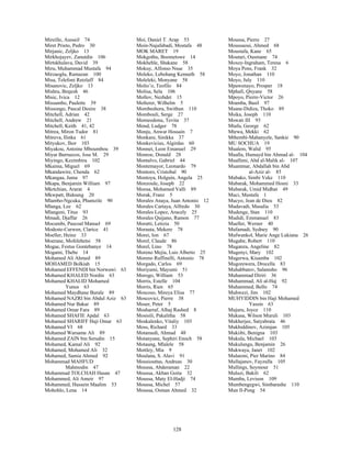 128
Mireille, Ausseil 74
Miret Prieto, Pedro 30
Mirjanic, Zeljko 13
Mirkhojayev, Zanutdin 106
Mirtskhulava, David 39
Miru, Muhammad Mustafa 94
Mirzaoglu, Ramazan 100
Misa, Telefoni Retzlaff 84
Misanovic, Zeljko 13
Mishra, Brajesh 46
Misic, Ivica 12
Missambo, Paulette 39
Missongo, Pascal Desire 38
Mitchell, Adrian 42
Mitchell, Andrew 21
Mitchell, Keith 41, 42
Mitrea, Miron Tudor 81
Mitreva, Ilinka 61
Mityukov, Ihor 103
Miyakou, Antoine Mboumbou 39
Miyar Barruecos, Jose M. 29
Miyingo, Kezimbira 102
Mkaima, Miguel 69
Mkandawire, Chenda 62
Mkangaa, Juma 97
Mkapa, Benjamin William 97
Mkrtchian, Ararat 4
Mkwpatt, Bidoung 20
Mlambo-Ngcuka, Phumzile 90
Mlanga, Lee 62
Mlangeni, Titus 93
Mmadi, Djaffar 26
Mocumbi, Pascoal Manuel 69
Modeste-Curwen, Clarice 41
Moeller, Heinz 33
Moerane, Mofelehetsi 58
Mogae, Festus Gontebanye 14
Mogami, Thebe 14
Mohamed Ali Ahmed 89
MOHAMED Bolkiah 15
Mohamed EFFENDI bin Norwawi 63
Mohamed KHALED Nordin 63
Mohamed KHALID Mohamed
Yunus 63
Mohamed Maydhane Burale 89
Mohamed NAZRI bin Abdul Aziz 63
Mohamed Nur Bakar 89
Mohamed Omar Fara 89
Mohamed SHAFIE Apdal 63
Mohamed SHARIFF Haji Omar 63
Mohamed VI 68
Mohamed Warsame Ali 89
Mohamed ZAIN bin Serudin 15
Mohamed, Kamal Ali 92
Mohamed, Mohamed Ali 32
Mohamed, Samia Ahmed 92
Mohammad MAHFUD
Mahmodin 47
Mohammad TOLCHAH Hasan 47
Mohammed, Ali Ameir 97
Mohammed, Hussein Maalim 53
Mohohlo, Lena 14
Moi, Daniel T. Arap 53
Moin-Najafabadi, Mostafa 48
MOK MARET 19
Mokgothu, Boometswe 14
Mokhehle, Shakane 58
Mokuy, Alfonso Nsue 35
Moleko, Lebohang Kenneth 58
Moleleki, Monyane 58
Molio’o, Teofilo 84
Molisa, Sela 106
Mollov, Nezhdet 15
Molterer, Wilhelm 5
Mombeshora, Swithun 110
Mombouli, Serge 27
Momeodonu, Tevita 37
Mond, Ludger 78
Monju, Anwar Hossain 7
Monkare, Sinikka 37
Monkevicius, Algirdas 60
Monnet, Leon Emanuel 29
Monroe, Donald 28
Montalvo, Gabriel 44
Montemayor, Leonardo 79
Montoro, Cristobal 90
Montoya, Holguin, Angela 25
Monzoule, Joseph 22
Moosa, Mohamed Valli 89
Morak, Franz 5
Morales Anaya, Juan Antonio 12
Morales Cartaya, Alfredo 30
Morales Lopez, Aracely 25
Morales Quijano, Ramon 77
Moratti, Letizia 50
Morauta, Mekere 78
Morei, Ion 67
Morel, Claude 86
Morel, Lino 78
Moreno Mejia, Luis Alberto 25
Moreno Ruffinelli, Antonio 78
Morgado, Carlos 69
Moriyami, Mayumi 51
Morogo, William 53
Morris, Estelle 104
Morris, Rien 65
Moscoso, Mireya Elisa 77
Moscovici, Pierre 38
Moser, Peter 5
Mosharraf, Alhaj Rashed 8
Mosisili, Pakalitha 58
Moskalenko, Vitaliy 103
Moss, Richard 33
Motamedi, Ahmad 48
Motanyane, Sephiri Enoch 58
Motaung, Mlalele 58
Mottley, Mia 9
Moulana, S. Alavi 91
Mousiouttas, Andreas 30
Moussa, Abderaman 22
Moussa, Akban Goita 32
Moussa, Maty El-Hadji 74
Moussa, Michel 57
Moussa, Osman Ahmed 32
Moussa, Pierre 27
Moussaoui, Ahmed 68
Moustafa, Kane 65
Moutari, Ousmane 74
Moxey-Ingraham, Teresa 6
Moya Pons, Frank 32
Moyo, Jonathan 110
Moyo, July 110
Mpawenayo, Prosper 18
Mphafi, Qnyane 58
Mpoyo, Pierre-Victor 26
Mramba, Basil 97
Msane-Didiza, Thoko 89
Msika, Joseph 110
Mswati III 93
Mtafu, George 62
Mtewa, Mekki 62
Mthembi-Mahanyele, Sankie 90
MU SOCHUA 19
Mualem, Walid 95
Mualla, Humayd bin Ahmad al- 104
Muallimi, Abd al-Malik al- 107
Muammar, Abdallah bin Abd
al-Aziz al- 85
Mubako, Simbi Veke 110
Mubarak, Mohammed Hosni 33
Mubarak, Umid Midhat 49
Muci, Mustafa 1
Mucyo, Jean de Dieu 82
Mudavadi, Musalia 53
Mudenge, Stan 110
Mudidi, Emmanuel 83
Mueller, Werner 40
Mufamadi, Sydney 90
Mufwankol, Marie Ange Lukiana 26
Mugabe, Robert 110
Muganza, Angeline 82
Mugenyi, Mary 102
Mugerwa, Kisamba 102
Mugorewera, Drocella 83
Muhabbatov, Salamsho 96
Muhammad Diriri 36
Muhammad, Ali al-Haj 92
Muhammed, Bello 74
Muhwezi, Jim 102
MUHYIDDIN bin Haji Mohamed
Yassin 63
Mujuru, Joyce 110
Mukasa, Wilson Muruli 103
Mukherjee, Satyabrata 46
Mukhiddinov, Azimjan 105
Mukiibi, Benigna 103
Mukula, Michael 103
Mukulungu, Benjamin 26
Mukwaya, Janet 102
Mularoni, Pier Marino 84
Mullajanov, Fayzulla 105
Mullings, Seymour 51
Muluzi, Bakili 62
Mumba, Levison 109
Mumbengegwi, Simbarashe 110
Mun Il-Pong 54
 