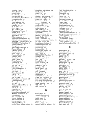 132
Petrossian, Karlos 4
Petrov, Plamen 15
Pettigrew, Pierre 21
Petursdottir, Solveig 46
Petursson, Paul 46
Peyrot Gonzalez, Marco Antonio 66
Pezeshkian, Masud 48
Pfanzelter, Gerhard 5
Pham Gia Khiem 106
Pham Quang Nghi 107
Pham Van Tra 107
PHAN PHIN 19
PHAN SINA 19
Phan Van Khai 106
Phandouangchit Vongsa 57
Pharaon, Michel 58
PHICHET Sathirachawan 98
Phillips, Peter 51
Philon, Alexandros 41
Phimmason Leuangkhamma 57
PHITHAK Intharawithayanan 97
PHONGSAKON Laohawichian 98
PHONGTHEP Thepkanchana 97
Phoumi Thipphavon 56
Phumaphi, Joy 14
PHUMIPHON Adunyadet 97
Phumisa, Kaliyoma 62
Pickersgill, Robert 51
Picque, Charles 10
Picula, Tonino 29
Pierantozzi, Sandra 77
Pieratozzi, Sandra 77
Pierre, Philip 83
Pierre, Webster 44
Pierret, Christian 38
Pillay, Patrick 86
Pimenta da Veiga, Joao 14
Ping, Jean 39
Pinter, Sandor 45
Pinto Rubianes, Pedro 33
Pique, Josep 90
Pires, Pedro 21
Pisanu, Giuseppe 50
Pita, Lus 78
Pitic, Goran 109
Pius, Ng’wandu 97
Pizano, de Narvaez, Eduardo 25
Plamadeala, Mihai 67
Plyushch, Ivan 103
Poca, Alja 57
Pochinok, Aleksandr Petrovich 82
Pogo, Alfred 78
POK THAN 19
Polataivao, Fosi 84
Polfer, Lydie 60
Polvon-Zoda, Abdusamad 105
PONGPHON Adireksan 97
Ponmek Dalaloi 57
Pope John Paul II 44
Popescu, Dan Ioan 81
Popkov, Aleksandr 9
Popovic, Branimir 108
Portal Leon, Marcos 30
Portillo Cabrera, Alfonso Antonio 42
Portocarrero, Blancanieves 106
Posada, Jesus 90
Posen, Willy 106
Posner, Israel 4
Posser da Costa, Guilherme 85
Potebenko, Mykhaylo 104
Poudel, Ram Chandra 70
Poudiougou, Abdoulaye
Ogotembely 64
Poungui, Ange Edouard 27
Pourier, Miguel 71
Pozarnovs, Andrejs 57
Prabhu, Suresh 46
PRACHA Malinon 98
Pradhan, Ashok Kumar 46
Pradhan, Om 12
PRAK CHANTHA 20
PRAPHAT Panyachatrak 98
Prasad, Shankar 46
Prasad, V. Sreenivasa 46
Pratini de Moraes, Marcus Vinicius 14
Pre, Simfe Tchaeou 98
Premachandra, Munidasa 91
Premaratna, Ediriweera 91
Premaratne, Shantha 91
Prescott, John 104
Presecnik, Jakob 88
Prestigiacomo, Stefania 50
Pretrick, Eliuel 67
Price, George 10
PRIDIYATHON Thewakun 98
Priedkalns, Janis 57
Prieto Jimenez, Abel 30
Prifti, Dritan 1
Prince Guduza 93
Privert, Jocelerme 44
Prlic, Jadranko 12
Prokopovich, Petr 9
Pronk, Jan 71
PRUM SOKHA 19
Puapua, Tomasi 102
Pujal, Enric Areny 2
Pujey, Momoh 87
Pundari, John 78
PURACHAI Piamsombun 97
PURNOMO Yusgiantoro 47
Pustovoytenko, Valeriy 103
PUTEH ibni Mohammad Alam 15
Putin, Vladimir Vladimirovich 81
Puwak, Hildergard Carola 81
PYEI SONE 16
Pyon Yong-rip 54
Q
Qaddur, Nasir 95
Qadhafi, Muammar Abu
Minyar al- 59
Qallab, Saleh 52
Qannut, Maha 94
Qanso, Ali 58
Qarase, Laisenia 37
Qasimi, FAHIM bin Sultan al- 104
Qasir, Nizar Jumah Ali al- 49
Qetaki, Alipate 37
Qian Qichen 23
Quade, Usna 43
Quaden, Guy 10
Quader, Obaidul 8
Quarshigah, Courage 40
Qubati, Abduh Ali 107
Quddus, Abdul 8
Qudsi, Bariah al- 95
Queen Margrethe II 31
Queyranne, Jean-Jack 38
Quijandria, Alvaro 79
Quijandria, Jamie 79
Quintanilla, Carlos 34
Quintao, Geraldo Magela da Cruz 14
Quiroga Ramirez, Jorge Fernando 12
Quiros, Jose Angel 34
Quliyev, Vilayat 6
Qul-Muhammed, Mukhtar 52
Qurbi, Abu Bakr al- 107
Qutaybi, Abdallah Ali al- 76
Qutaybi, Muhammad bin Ali al- 76
R
Rabah, Sadok 99
Rabi, Abdessadek 68
Rabin-Pelossof, Dalia 50
Racan, Ivica 29
Rachid, Leila 78
Rad, Khalid 94
Radchenko, Oleksandr 104
Radebe, Jeff 90
Radhakrishnan, Pon 47
Radisic, Zivko 12
Rados, Jozo 29
Rafael, Magda 71
Rafeeq, Hamza 99
RAFIDAH binti Aziz 63
Raful, Tony 32
Raghoebarsingh, Keremchand 93
Rahantalalao, Henriette 61
Rahman, H. N. Ashiqur 8
Rahman, Latifur 7, 8
Rahman, M. A. 7
Rahman, Rokeya Afzal 7, 8
Rahmani, Cherif 2
Rahmatov, Tursun 96
Rahmonov, Emomali 96
Raicevic, Ivan 108
Rainier III 67
RAIS bin Yatim 63
Raja, A. 47
Rajabov, Safarali 96
Rajabov, Ubaydullo 96
Rajagopal, Olenchery 47
Rajaonarivelo, Pierrot Jocelyn 61
Rajapaksa, Chamal 91
Rajapakse, Mahinda 90
Rajapakse, Nirupama 91
Rajapov, Matkarim 101
Rajel, Ishagh Ould 65
 