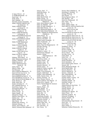 134
S
S. Samy VELLU 63
S. SUBRAMANIAM 63
Saad, Fuad 58
Saadi, Salim 1
Saaf, Abdallah 68
Saavedra, Gustavo Fernandez 12
Sabah, AHMAD ABDALLAH
Al-Ahmad Al 55
Sabah, AHMAD FAHD
al-Ahmad Al 55
Sabah, JABIR al-Ahmad
al-Jabir Al 55
Sabah, JABIR MUBARAK
al-Hamad Al 55
Sabah, MUHAMMAD KHALID
al-Hamad Al 55
Sabah, MUHAMMAD SABAH
al-Salim Al 56
Sabah, NASIR Muhammad
Ahmad Al 56
Sabah, SAAD al-Abdallah
al-Salim Al 55
Sabah, SABAH al-Ahmad
al-Jabir Al 55
Sabah, SALIM Abd al-Aziz
Saud Al 56
Sabah, SALIM al-Abdallah
Jabir Al 56
Sabdarat, Abd al-Basit 92
Sabir, Muhammad al-Hasan 93
Saddam, Abdellatif 100
Safadi, Hussam al- 94
Sahhaf, Muhammad Said
Kazim al- 49
Sahlin, Mona 94
Sahovic, Dejan 108
Said Warsame 89
Said, FAHD bin Mahmud Al 76
Said, FAYSAL bin Ali Al 76
Said, Mohammed Kabir 74
Said, QABOOS bin Said Al 76
Said, SHABIB bin Taymur Al 76
Said, THUWAYNI bin Shihab Al 76
Saidi, Mutahir al- 108
Saidy, Isatou Njie 39
Saiedi, Ali Fahmy El- 33
Saif, Abdallah Hasan al- 6
Saint-Preux, Eudes 44
Saisengliteng Bliachu 57
Saiti, Xhemail 61
Saitoti, George 53
Sajaia, Nugzar 40
Sakaguchi, Chikara 51
Sakanya, Henri Mova 26
Sakhan, Ivan 103
Sakkat, Mohamed 69
Saks, Katrin 36
Saladin Selin, Roberto 33
Salameh, Ghassan 57
Salami, Alawi Salah al- 107
Saleck, Fatimetou Mint Mohamed 65
Saleem, Altaf 77
Saleh Idris Kekia 36
Saleh Meki 36
Saleh, Jaime 71
Saleh, Rachid Ould 65
Saliba, George 65
Salih, Abd al-Ilah Hamid
Mahmud al- 49
Salih, Abd al-Munim Ahmad 49
Salih, Ali Abdallah 107
Salih, Ali Salih Abdallah al- 6
Salih, Bakri Hassan 92
Salih, Muhammad Mahdi al- 49
Salih, Salah Ahmed Mohamed 92
Salimi, Abdallah bin Muhammad bin
Abdallah al- 76
Salimi, Riyad 58
Salimov, Abdujalol 96
Salissou, Sala Habi 74
Sallam, Ismail Awadallah 33
Salleo, Ferdinando 51
Salomao, Tomas 69
Salum, Nasir bin Muhammad al- 85
Salvador, Riosang 77
Sam Hou Fai 25
Sama, Koffi 98
Samakova, Aytkul 53
Samaraweera, Mangala 91
Samawi, Ahmad
Abdul-Rahman al- 108
Sambo, Youba 86
Samoilova, Ganka 61
Sampa, Chitalu 109
Sampaio, Jorge 80
Samuels, Dover 73
Samuels, Maxwell 10
Sanchez, Doris 79
Sandoval Villeda, Leopoldo 42
Sandriman, Walter 93
Sandy, Cyrus Emmanuel 22
Sangare, Abdel Kadr 42
Sangare, Abou Drahamane 29
Sanha, Antonio Artur 43
Sanoko, Ousmane 42
Santo Thomas, Patricia 79
Santos Calderon, Juan Manuel 25
Santos Silva, Augusto 80
Santos, Hermenilgido De Assuncao
Sousa 85
Saparov, Rejep 101
Sapin, Michel 38
SAR KHENG 18, 19
Sarbanov, Ulan 56
Sarbu, Illie 81
Sarbu, Marian 81
Sardenberg, Ronaldo 14
Sarkinas, Reinoldijus 60
Sarkisyan, Serzhik 4
Sarkisyan, Tigran 4
Sarney Filho, Jose 14
Sarovic, Mirko 13
Sarr, Jean-Paul 42
Sarr, Oumar 86
Sarsam, Maan Abdallah al- 49
Sarsenbayev, Altynbek 53
Sarungi, Philemon 97
Sasi, Kimmo 37
Sassou-Nguesso, Denis 27
Sata, Michael 109
Satari-Far, Mohammad 48
Sato, Yukio 52
Sattar, Abdus 77
Sattar, Anbaree Abdul 64
Saud, ABD AL-AZIZ bin Fahd bin Abd
al-Aziz Al 85
Saud, ABDALLAH bin Abd
al-Aziz Al 85
Saud, BANDAR bin Sultan bin Abd
al-Aziz Al 86
Saud, FAHD bin Abd al-Aziz Al 85
Saud, MITIB bin Abd al-Aziz Al 85
Saud, NAYIF bin Abd al-Aziz Al 85
Saud, SAUD al-FAYSAL bin Abd
al-Aziz Al 85
Saud, SULTAN bin Abd
al-Aziz Al 85
Saudabayev, Kanat 53
Sauyet, Odette 29
Savane, Landing 86
Savanovic, Gojko 13
Saviye, David 109
Savvides, Frixos 30
SAW LWIN 16
SAW TUN 16
Sawadogo, Laya 16
Sawah, Satyadeow 43
Sawh, Satyadeow 43
Saxe-Coburg-Gotha, Simeon 15
Sayeed, Abu 8
Sayfu, Muhammad Mufdi 95
Sayid Sheikh Dahir 89
Sayyari, Hamad al- 86
Sayyid, Mahmud al- 94
Sazonov, Aleksandr 9
Sbai, Abderrahmane 68
Scajola, Claudio 50
Scanlan, Papali’i Tommy 84
Schaack, Joseph 60
Scharping, Rudolf 40
Scheibner, Herbert 5
Schily, Otto 40
Schjott-Pedersen, Karl Eirik 75
Schling, Jaromir 31
Schmid, Samuel 94
Schmidt, Ullaa 40
Schmognerova, Brigita 88
Schori, Pierre 94
Schroeder, Gerhard 40
Schuessel, Wolfgang 5
Schuster, Rudolf 88
Schutz, Emile 54
Schwartzenberg, Roger-Gerard 38
Scott, Alex 11
Scott, Bruce 5
Sears, Joshua 6
Sebastian, Cuthbert Montraville 83
 