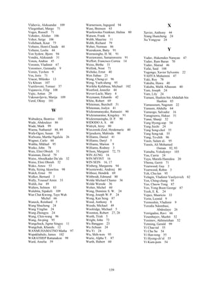 139
Vlahovic, Aleksandar 109
Vliegenhart, Margo 71
Voges, Russell 71
Vohidov, Alisher 106
Vohor, Serge 106
Vollebaek, Knut 75
Voltaire, Henri-Claude 44
Voltaire, Leslie 44
Von Sydow, Bjorn 94
Vondra, Aleksandr 31
Vonza, Andras 45
Voronin, Vladimir 67
Vorontsov, Gennadiy 9
Vorsin, Yavhen 9
Vos, Joris 71
Vracar, Milenko 13
Vu Khoan 107
Vuetilovoni, Tomasi 37
Vujanovic, Filip 108
Vujic, Antun 29
Vukosavljevic, Marija 109
Vural, Oktay 101
W
Wabudeya, Beatrice 103
Wade, Abdoulaye 86
Wade, Mark 99
Waena, Nathaniel 88, 89
Wafa-Ogoo, Susan 39
Wafwana, Marthe Ngalula 26
Wagner, Carlo 60
Wahba, Mikhail 95
Waiko, John 78
Wais, Elmi Obsieh 31
Waisman, David 79
Waiss, Aboulkader Du’ale 32
Waiss, Elmi Obsieh 32
Wako, Amos 53
Wala, Sizing Akawilou 98
Walch, Ernst 59
Walker, Bernard 3
Wally, Youssef Amin 33
Walsh, Joe 49
Walters, Selmon 83
Walubita, Sipakeli 109
Wan Chat Kwong, Taye Wah
Michel 66
Waneck, Reinhard 5
Wang Shucheng 24
Wang Yingfan 24
Wang Zhongyu 24
Wang, Chin-wang 96
Wang, Jin-ping 95
Wangchuck, Jigme Singye 11
Wangchuk, Khandu 12
WANMUHAMATNO Matha 97
Wapakhabulo, James 102
WARATHEP Rattanakon 98
Ward, Amelia 59
Warnersson, Ingegerd 94
Wase, Brenson 65
Wasilewska-Trenkner, Halina 80
Watson, Frank 6
Webb, Maurine 11
Webb, Richard 79
Weber, Norman 86
Weerakoon, Batty 91
Weerasinghe, H. M. 91
Weerawanni, Samaraweera 91
Weffort, Francisco Correa 14
Weiss, Birthe 31
Wellink, Nout 71
Welteke, Ernst 40
Wen Jiabao 23
Weng, Cheng-yi 96
Weng, Yueh-sheng 95
Werikhe Kafabusa, Michael 102
Westford, Jennifer 44
Wever-Lacle, Mary 4
Weymann, Eduardo 42
White, Robert 69
Whiteman, Burchell 51
Whiteman, Joslyn 41
Wickramanayake, Ratnasiri 90
Wickramaratne, Kingsley 91
Wickremasinghe, D. P. 90
WIDODO A. S. 48
Widzyk, Jerzy 80
Wieczorek-Zeul, Heidemarie 40
Wijesekera, Mahinda 90
Williams, Daniel 41
Williams, Daryl 5
Williams, Marion 9
Williams, Rodney 3
Wilson, Margaret 72, 73
WIN AUNG 16
WIN MYINT 16
WIN SEIN 16, 17
Winberg, Margareta 94
Wiszniewski, Andrzej 80
Witbooi, Hendrik 69
Wittbrodt, Edmund 80
Wolde Michael Chamo 36
Wolde Werede 36
Wolter, Michel 60
Wong, Dominic S. W. 24
Wong, Joseph W. P. 24
Wong, Kan Seng 87
Wood, Anthony 8
Woods, Michael 49
Woolridge, Michael 5
Woonton, Robert 27, 28
Worth, Trish 5
Wright, John 73
Wu Bangguo 23
Wu Jichuan 24
Wu Yi 24
Wu, Shih-wen 95
Wurie, Alpha T. 87
Wurth, Hubert 60
X
Xavier, Anthony 44
Xiang Huaicheng 24
Xu Yongyue 24
Y
Yadav, Hukemdeo Narayan 47
Yadav, Ram Baran 70
Yadav, Sharad 46
Yafai, Said 108
Yagongo, Xavier Sylvestre 22
YAHYA Muhaimin 47
Yaki, Roy 78
Yakubu, Hawa 40
Yakubu, Malik Alhassan 40
Yam, Joseph 24
Yam, Lily 24
Yamani, Hashim bin Abdallah bin
Hashim 85
Yamassoum, Nagoum 22
Yameen, Abdulla 64
Yameogo, Salvador 16
Yanagisawa, Hakuo 51
Yanai, Shunji 52
Yang Hyong-sop 54
Yang Jiechi 24
Yang Song-chol 55
Yang Song-tak 55
Yang, Te-chih 96
Yasin, Salam al- 95
Yassin, Ali Mohamed
Osman 92, 93
Yatsuba, Volodymyr 103
Yau, Carrie 24
Yaya, Marafa Hamidou 20
Ybema, Gerrit 71
Yearwood, Guy 3
Yearwood, Robin 3
Yeh, Chu-lan 95
Yelagin, Vladimir Vasilyevich 82
Yen, Ching-chang 95
Yeo, Cheow Tong 87
Yeo, Yong Boon George 87
Yeoh, E. K. 24
Yepez, Mauricio 33
Yerin, Leonid 9
Yermoshin, Vladimir 9
Yerodia Ndombasi,
Abdoulaye 26
Yerrigadoo, Ravi 66
Yesenbayev, Mazhit 52
Yesimov, Akhmetzhan 52
Yetming, Gerald 99
Yi Chae-tal 55
Yi Chu Su 54
Yi Han-tong 55
Yi Hyong-ch’ol 55
Yi Kum-pom 54
 