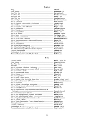 10
Belgium
King ................................................................................................................. Albert II
Prime Minister ................................................................................................ Verhofstadt, Guy
Vice Prime Min. .............................................................................................. Durant, Isabelle
Vice Prime Min. .............................................................................................. Lanotte, Johan Vande
Vice Prime Min. .............................................................................................. Michel, Louis
Vice Prime Min. .............................................................................................. Onkelinx, Laurette
Min. of Budget ................................................................................................ Lanotte, Johan Vande
Min. of Agriculture ......................................................................................... Neyts, Annemie
Min. of Consumer Affairs, Health, & Environment ....................................... Aelvoet, Magda
Min. of Defense .............................................................................................. Flahaut, Andre
Min. of Economic Affairs & Research ........................................................... Picque, Charles
Min. of Employment ....................................................................................... Onkelinx, Laurette
Min. of Finance ............................................................................................... Reynders, Didier
Min. of Foreign Affairs ................................................................................... Michel, Louis
Min. of the Interior .......................................................................................... Duquesne, Antoine
Min. of Justice ................................................................................................. Verwilghen, Marc
Min. of Public Administration ........................................................................ van den Bossche, Luc
Min. of Social Affairs & Pensions .................................................................. Vandenbroucke, Frank
Min. of Telecommunications & State-owned Companies .............................. Daems, Rik
Min. of Trade .................................................................................................. Neyts, Annemie
Min. of Transportation .................................................................................... Durant, Isabelle
Sec. of State for Development Aid ................................................................. Boutmans, Eddy
Sec. of State for Foreign Affairs & Trade ....................................................... Neyts, Annemie
Sec. of State for Transport & Sustainable Development ................................ Deleuze, Olivier
Governor, National Bank ................................................................................ Quaden, Guy
Ambassador to the US .................................................................................... Reyn, Alexis
Permanent Representative to the UN, New York ........................................... De Ruyt, Jean
Belize
Governor General ............................................................................................ Young, Colville, Sir
Prime Minister ................................................................................................ Musa, Said Wilbert
Dep. Prime Min. .............................................................................................. Briceno, John
Senior Min. ..................................................................................................... Price, George
Min. of Agriculture, Fisheries, & Cooperatives ............................................. Silva, Daniel
Min. of Budget Management, Investment, & Trade ....................................... Fonseca, Ralph
Min. of Education & Sports ............................................................................ Hyde, Cordel
Min. of Environment & Industry .................................................................... Briceno, John
Min. of Finance ............................................................................................... Musa, Said
Min. of Foreign Affairs ................................................................................... Musa, Said
Min. of Health & Public Service ..................................................................... Coye, Jose
Min. of Housing, Urban Renewal, & Home Affairs ....................................... Bradley, Richard “Dickie”
Min. of Human Development & Women ....................................................... Oolores, Garcia Balderamose
Min. of Information ........................................................................................ Smith, Godfrey
Min. of National Coordination & Mobilization .............................................. Campos, Ruben
Min. of National Security & Economic Development .................................... Espat, Jorge
Min. of Natural Resources .............................................................................. Briceno, John
Min. of Public Utilities, Energy, Communications, Immigration, &
Nationality ................................................................................................... Samuels, Maxwell
Min. of Rural Development & Culture ........................................................... Mes, Marcial
Min. of State in the Ministry of Economic Development ............................... Baeza, Servulo
Min. of State in the Ministry of Industry ........................................................ Arceo, Patricia
Min. of Sugar Industry, Local Government, & Labor .................................... Castillo, Valdemar
Min. of Tourism & Youth ............................................................................... Espat, Mark
Min. of Works, Transportation, Citrus & Banana Industries .......................... Canton, Henry
Attorney General ............................................................................................. Smith, Godfrey
Governor, Central Bank .................................................................................. Arnold, Keith
Ambassador to the US .................................................................................... Shoman, Lisa M.
Permanent Representative to the UN, New York ........................................... Stuart, Leslie W.
 