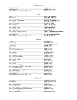 15
Brazil (continued)
Pres., Central Bank ......................................................................................... Fraga Neto, Arminio
Ambassador to the US .................................................................................... Barbosa, Rubens Antonio
Permanent Representative to the UN, New York ........................................... Fonseca Jr., Gelson
Brunei
Sultan .............................................................................................................. HASSANAL Bolkiah, Sir
Prime Minister ................................................................................................ HASSANAL Bolkiah, Sir
Min. of Communications ................................................................................ ZAKARIA bin Sulaiman
Min. of Culture, Youth, & Sports ................................................................... HUSSAIN bin Mohamed Yusof
Min. of Defense .............................................................................................. HASSANAL Bolkiah, Sir
Min. of Development ...................................................................................... ISMAIL bin Damit
Min. of Education ........................................................................................... Abdul AZIZ bin Umar
Min. of Finance ............................................................................................... HASSANAL Bolkiah, Sir
Min. of Foreign Affairs ................................................................................... MOHAMED Bolkiah
Min. of Health (Acting) .................................................................................. Abdul AZIZ bin Umar
Min. of Home Affairs ..................................................................................... ISA bin Ibrahim
Min. of Industry & Primary Resources ........................................................... ABDUL RAHMAN bin Mohamed Taib
Min. of Religious Affairs ................................................................................ Mohamed ZAIN bin Serudin
Ambassador to the US .................................................................................... PUTEH ibni Mohammad Alam
Permanent Representative to the UN, New York ........................................... SERBINI bin Haji Ali
Bulgaria
President .......................................................................................................... Stoyanov, Petar
Vice President ................................................................................................. Kavaldzhiev, Todor
Prime Minister ................................................................................................ Saxe-Coburg-Gotha, Simeon
Dep. Prime Min. .............................................................................................. Vasilev, Nikolay
Dep. Prime Min. .............................................................................................. Paskalev, Kostadin
Dep. Prime Min. .............................................................................................. Shuleva, Lidiya
Min. of Agriculture & Forests ........................................................................ Dikme, Mehmed
Min. of Culture ................................................................................................ Abrashev, Bozhidar
Min. of Defense .............................................................................................. Svinarov, Nikolayo
Min. of Economy ............................................................................................ Vasilev, Nikolay
Min. of Education & Science .......................................................................... Atanasov, Vladimir
Min. of Environment & Water ........................................................................ Arsenova, Dolores
Min. of Finance ............................................................................................... Velchev, Milen
Min. of Foreign Affairs ................................................................................... Pasi, Solomon
Min. of Health ................................................................................................. Finkov, Bozhidar
Min. of Interior ................................................................................................ Petkanov, Georgi
Min. of Justice ................................................................................................. Stankov, Anton
Min. of Labor & Social Policy ........................................................................ Shuleva, Lidiya
Min. of Regional Development & Public Works ............................................ Paskalev, Kostadin
Min. of State Administration .......................................................................... Kalchev, Dimitur
Min. of Transportation & Communications .................................................... Petrov, Plamen
Min. Without Portfolio ................................................................................... Mollov, Nezhdet
Chmn., Bulgarian National Bank .................................................................... Gavriyski, Svetoslav
Ambassador to the US .................................................................................... Dimitrov, Filip
Permanent Representative to the UN, New York ........................................... Sotirov, Vladimir
Burkina Faso
Head of State ................................................................................................... Compaore, Blaise, Capt.
Prime Minister ................................................................................................ Yonli, Paramango Ernest
Min. of Agriculture ......................................................................................... Diallo, Salif
Min. of Animal Resources .............................................................................. Bonou, Alphonse
Min. of Arts & Culture .................................................................................... Ouedrago, Mahamoudou
Min. of Basic Education & Mass Literacy ...................................................... Kietga, Fidele
Min. of Civil Service & Institutional Development ........................................ Somda, Jean Emile
Min. of Commerce & Finance ........................................................................ Yonli, Paramango Ernest
Min. of Communications ................................................................................ Hien, Theodore Kilmite
 