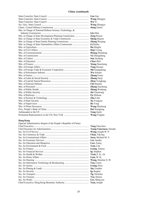24
China (continued)
State Councilor, State Council ........................................................................ Luo Gan
State Councilor, State Council ........................................................................ Wang Zhongyu
State Councilor, State Council ........................................................................ Wu Yi
Sec. Gen., State Council ................................................................................. Wang Zhongyu
Chmn., Central Military Commission ............................................................. Jiang Zemin
Min. in Charge of National Defense Science, Technology, &
Industry Commission .................................................................................. Liu Jibin
Min. in Charge of State Development Planning Commission ........................ Zeng Peiyan
Min. in Charge of State Economic & Trade Commission .............................. Sheng Huaren
Min. in Charge of State Family Planning Commission .................................. Zhang Weiqing
Min. in Charge of State Nationalities Affairs Commission ............................ Li Dezhu
Min. of Agriculture ......................................................................................... Du Qinglin
Min. of Civil Affairs ....................................................................................... Doje Cering
Min. of Communications ................................................................................ Huang Zhendong
Min. of Construction ....................................................................................... Yu Zhengsheng
Min. of Culture ................................................................................................ Sun Jiazheng
Min. of Education ........................................................................................... Chen Zhili
Min. of Finance ............................................................................................... Xiang Huaicheng
Min. of Foreign Affairs ................................................................................... Tang Jiaxuan
Min. of Foreign Trade & Economic Cooperation ........................................... Shi Guangsheng
Min. of Information Industry .......................................................................... Wu Jichuan
Min. of Justice ................................................................................................. Zhang Fusen
Min. of Labor & Social Security ..................................................................... Zhang Zuoji
Min. of Land & Natural Resources ................................................................. Zhou Yongkang
Min. of National Defense ................................................................................ Chi Haotian
Min. of Personnel ............................................................................................ Zhang Xuezhong
Min. of Public Health ...................................................................................... Zhang Wenkang
Min. of Public Security ................................................................................... Jia Chunwang
Min. of Railways ............................................................................................. Fu Zhihuan
Min. of Science & Technology ....................................................................... Zhu Lilan
Min. of State Security ..................................................................................... Xu Yongyue
Min. of Supervision ........................................................................................ He Yong
Min. of Water Resources ................................................................................ Wang Shucheng
Pres., People’s Bank of China ......................................................................... Dai Xianglong
Ambassador to the US .................................................................................... Yang Jiechi
Permanent Representative to the UN, New York ........................................... Wang Yingfan
Hong Kong
(Special Administrative Region of the People’s Republic of China)
Chief Executive ............................................................................................... Tung Chee-hwa
Chief Secretary for Administration ................................................................. Tsang Yam-kuen, Donald
Sec. for Civil Service ...................................................................................... Wong, Joseph W. P.
Sec. for Commerce & Trade ........................................................................... Chau, Tak-hay
Sec. for Constitutional Affairs ........................................................................ Suen, Michael M. Y.
Sec. for Economic Services ............................................................................ Lee, Sandra
Sec. for Education and Manpower .................................................................. Law, Fanny
Sec. for Environment & Food ......................................................................... Yam, Lily
Sec. for Finance .............................................................................................. Leung, Antony
Sec. for Financial Services .............................................................................. Ip, Stephen
Sec. for Health & Welfare .............................................................................. Yeoh, E. K., Dr.
Sec. for Home Affairs ..................................................................................... Lam, W. K.
Sec. for Housing .............................................................................................. Wong, Dominic S. W.
Sec. for Information Technology & Broadcasting .......................................... Yau, Carrie
Sec. for Justice ................................................................................................ Leung, Elsie
Sec. for Planing & Lands ................................................................................ Siu, Gordon
Sec. for Security .............................................................................................. Ip, Regina
Sec. for Transport ............................................................................................ Ng, Nicholas
Sec. for Treasury ............................................................................................. Yue, Denise
Sec. for Works ................................................................................................ Lee, Shing-see
Chief Executive, Hong Kong Monetary Authority ......................................... Yam, Joseph
 