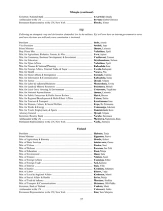 37
Ethiopia (continued)
Governor, National Bank ................................................................................ Teklewold Atnafu
Ambassador to the US .................................................................................... Berhane Gebre-Christos
Permanent Representative to the UN, New York ........................................... Fisseha, Yimer
Fiji
Following an attempted coup and declaration of marshal law by the military, Fiji will now have an interim government to serve
until new elections are held and a new constitution is instituted.
President .......................................................................................................... Iloilo, Josefa
Vice President ................................................................................................. Seniloli, Jope
Prime Minister ................................................................................................ Qarase, Laisenia
Dep. Prime Min. .............................................................................................. Nailatikau, Epeli
Min. for Agriculture, Fisheries, Forests, & Alta ............................................. Tora, Apisai
Min. for Commerce, Business Development, & Investment .......................... Vuetilovoni, Tomasi
Min. for Education .......................................................................................... Delailomaloma, Nelson
Min. for Fijian Affairs ..................................................................................... Nailatikau, Epeli
Min. for Finance & National Planning ........................................................... Kubuabola Jone
Min. for Foreign Affairs, External Trade, & Sugar ........................................ Tavola, Kaliopate
Min. for Health ................................................................................................ Nacuva, Pita
Min. for Home Affairs & Immigration ........................................................... Ratakele, Talemo
Min. for Information & Communication ........................................................ Kubuabola, Inoke
Min. for Justice ............................................................................................... Qetaki, Alipate
Min. for Labor & Industrial Relations ............................................................ Momeodonu, Tevita
Min. for Lands & Mineral Resources ............................................................. Bulanauca, Mitieli
Min. for Local Govt, Housing, & Environment .............................................. Cokanauto, Tuqakitau
Min. for National Reconciliation .................................................................... Qarase, Laisenia
Min. for Public Enterprises & Public Sector Reform ..................................... Hatch, Hector
Min. for Regional Development & Multi-Ethnic Affairs ............................... Tuisese, Ilaitia
Min. for Tourism & Transport ........................................................................ Koroitamana Jone
Min. for Women, Culture, & Social Welfare .................................................. Kepa, Ro Teimumu
Min. for Works & Energy ............................................................................... Cokanasiga, Joketani
Min. for Youth, Employment, & Sports ......................................................... Dakuidreketi, Keni
Attorney General ............................................................................................. Qetaki, Alipate
Governor, Reserve Bank ................................................................................. Narube, Savenaca
Ambassador to the US .................................................................................... Masirewa, Napolioni, Ratu
Permanent Representative to the UN, New York ........................................... Naidu, Amraiya
Finland
President .......................................................................................................... Halonen, Tarja
Prime Minister ................................................................................................ Lipponen, Paavo
Min. of Agriculture & Forestry ....................................................................... Hemila, Kalevi
Min. of Basic Services .................................................................................... Soininvaara, Osmo
Min. of Culture ................................................................................................ Linden, Suvi
Min. of Defense .............................................................................................. Enestam, Jan Erik
Min. of Education ........................................................................................... Rask, Maija
Min. of Environment ....................................................................................... Hassi, Satu
Min. of Finance ............................................................................................... Niinisto, Sauli
Min. of Foreign Affairs ................................................................................... Tuomioja, Erkki
Min. of Foreign Trade ..................................................................................... Sasi, Kimmo
Min. of Interior ................................................................................................ Itala, Ville
Min. of Justice ................................................................................................. Koskinen, Johannes
Min. of Labor .................................................................................................. Filatov, Tarja
Min. of Local & Regional Affairs ................................................................... Korhonen, Martti
Min. of Social Affairs & Health ..................................................................... Perho, Maija
Min. of Trade & Industry ................................................................................ Monkare, Sinikka
Min. of Transport & Communications ............................................................ Heinonen, Olli-Pekka
Governor, Bank of Finland ............................................................................. Vanhala, Matti
Ambassador to the US .................................................................................... Valtasaari, Jukka
Permanent Representative to the UN, New York ........................................... Rasi, Satu Marjatta
 