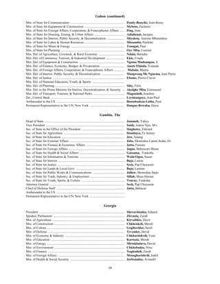 39
Gabon (continued)
Min. of State for Communication ................................................................... Pendy-Bouyiki, Jean-Remy
Min. of State for Equipment & Construction .................................................. Myboto, Zacharie
Min. of State for Foreign Affairs, Cooperation, & Francophonie Affairs ...... Ping, Jean
Min. of State for Housing, Zoning, & Urban Affairs ..................................... Adiahenot, Jacques
Min. of State for Interior, Public Security, & Decentralization ...................... Miyakou, Antoine Mboumbou
Min. of State for Labor & Human Resources ................................................. Missambo, Paulette
Min. of State for Mines & Energy .................................................................. Toungui, Paul
Min. of State for Planning ............................................................................... Oye Mba, Casimir
Min. Del. of Agriculture, Livestock, & Rural Economy ................................ Ndaki, Barnabe
Min. Del. of Commerce, Tourism, & Industrial Development ....................... Ekie, Ursala
Min. Del. of Equipment & Construction ........................................................ Ngoma Madoungou, S.
Min. Del. of Finance, Economy, Budget, & Privatization .............................. Assele Ebinda, Yolande
Min. Del. of Foreign Affairs, Cooperation, & Francophonie Affairs ............. Mabala, Martin
Min. Del. of Interior, Public Security, & Decentralization ............................. Mangwang Me Nguema, Jean Pierre
Min. Del. of Justice ......................................................................................... Ebome, Pierre-Claver
Min. Del. of National Education, Youth, & Sports ........................................
Min. Del. of Planning ...................................................................................... Siby, Felix
Min. Del. to the Prime Minister for Interior, Decentralization, & Security ... Akolghe Mba, Emmanuel
Min. Del. of Transport, Tourism, & National Parks ....................................... Magouindi, Joachim
Dir., Central Bank ........................................................................................... Leyimangoye, Jean-Paul
Ambassador to the US .................................................................................... Boundoukou-Latha, Paul
Permanent Representative to the UN, New York ........................................... Dangue-Rewaka, Denis
Gambia, The
Head of State ................................................................................................... Jammeh, Yahya
Vice President ................................................................................................. Saidy, Isatou Njie, Mrs.
Sec. of State in the Office of the President ..................................................... Singhatey, Edward
Sec. of State for Agriculture ........................................................................... Dumbuya, Fa Sainey
Sec. of State for Education .............................................................................. Jow, Satang
Sec. of State for External Affairs .................................................................... Jobe, Momodou Lamin Sedat, Dr.
Sec. of State for Finance & Economic Affairs ............................................... Jatta, Famara
Sec. of State for Foreign Affairs ..................................................................... Jagne, Baboucarr Blaise
Sec. of State for Health & Social Affairs ........................................................ Gassama, Yankuba
Sec. of State for Information & Tourism ........................................................ Wafa-Ogoo, Susan
Sec. of State for Interior .................................................................................. Bajo, Lamin
Sec. of State for Justice ................................................................................... Seck, Pap Cheyassin
Sec. of State for Lands & Local Govt. ............................................................ Bajo, Lamine
Sec. of State for Public Works & Communications ....................................... Jallow, Momodou Sarjo
Sec. of State for Trade, Industry, & Employment .......................................... Sillah, Musa Hassan
Sec. of State for Youth, Sports, & Culture ..................................................... Touray, Yankuba
Attorney General ............................................................................................. Seck, Pap Cheyassin
Chief of Defense Staff .................................................................................... Jatta, Bubacar
Ambassador to the US ....................................................................................
Permanent Representative to the UN, New York ...........................................
Georgia
President .......................................................................................................... Shevardnadze, Eduard
Speaker, Parliament ........................................................................................ Zhvania, Zurab
Min. of Agriculture ......................................................................................... Kirvalidze, Davit
Min. of Construction ....................................................................................... Chkhenkeli, Merab
Min. of Culture ................................................................................................ Gogiberidze, Sesili
Min. of Defense .............................................................................................. Tevzadze, David
Min. of Economy & Industry .......................................................................... Chkhartishvili, Vano
Min. of Education ........................................................................................... Kartozia, Merab
Min. of Energy ................................................................................................ Mirtskhulava, David
Min. of Environment ....................................................................................... Chkhobadze, Nino
Min. of Finance ............................................................................................... Noghaideli, Zurab
Min. of Foreign Affairs ................................................................................... Menagharishvili, Irakli
Min. of Health & Social Security ................................................................... Jorbenadze, Avtandil
 