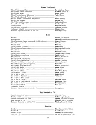 44
Guyana (continued)
Min. of Parliamentary Affairs ......................................................................... Persaud, Reepu Daman
Min. of Public Service Management .............................................................. Westford, Jennifer Dr.
Min. of Public Works ...................................................................................... Hinds, Samuel
Min. of Tourism, Industry, & Commerce ....................................................... Nadir, Manzoor
Min. of Trade, Industry, & Tourism ...............................................................
Min. of Transport, Communication, & Hydraulics ......................................... Xavier, Anthony
Min. of Youth & Sports .................................................................................. Texeira, Gail
Min. Within Local Government ...................................................................... Collymore, Clinton
Head of Presidential Secretariat ...................................................................... Luncheon, Roger
Attorney General ............................................................................................. Singh, Doodnauth
Governor, Bank of Guyana ............................................................................. Meredith, Archibald
Ambassador to the US .................................................................................... Ishmael, Odeen
Permanent Representative to the UN, New York ........................................... Insanally, Rudolph
Haiti
President .......................................................................................................... Aristide, Jean-Bertrand
Prime Minister ................................................................................................ Cherestal Jean-Marie Antoine Polynice
Min. of Agriculture, Natural Resources, & Rural Development .................... Hilaire, Sebastien
Min. of Commerce & Industry ........................................................................ Theard, Stanley
Min. of Culture ................................................................................................ Paul, Guy
Min. of Economy & Finance .......................................................................... Joseph, Fred
Min. of Education, Youth, & Sports ............................................................... Bien-Aime, Paul Antoine
Min. of Environment ....................................................................................... Cadet, Yves
Min. of Finance ............................................................................................... Flaubert, Gustave
Min. of Foreign Affairs ................................................................................... Antonio, Joseph Philippe
Min. of Haitians Living Abroad ...................................................................... Voltaire, Leslie
Min. of Interior ................................................................................................ Menard, Henri-Claude
Min. of Justice & Public Security ................................................................... Lissade, Gary
Min. of Labor & Social Affairs ....................................................................... Flambert, Mathilde
Min. of National Education, Youth, & Sports ................................................ Merisier, Georges
Min. of Planning & External Cooperation ...................................................... Bazin, Marc
Min. of Public Health & Population ............................................................... Voltaire, Henri-Claude
Min. of Public Service .................................................................................... Pierre, Webster
Min. of Public Works, Transportation & Communications ............................ Laraque, Ernst
Min. of Social Affairs ..................................................................................... Saint-Preux, Eudes
Min. of Women’s Affairs ................................................................................ Lubin, Ginette
Sec. of State for Labor .................................................................................... Joseph, Ronald
Sec. of State for Population ............................................................................ Andre, Jean
Sec. of State for Public Security .....................................................................
Sec. of State for Tourism ................................................................................ Deverson, Martine
Sec. of State for Youth, Sports, & Civic Service ............................................ Lescouflair, Evans
Sec. of State for Finance ................................................................................. Privert, Jocelerme
Governor, Central Bank .................................................................................. Jean, Fritz
Ambassador to the US ....................................................................................
Permanent Representative to the UN, New York ........................................... Lelong, Pierre
Holy See (Vatican City)
Head, Roman Catholic Church ....................................................................... Pope John Paul II
Secretary of State ............................................................................................ Sodano, Angelo, Cardinal
Secretary for Relations with States ................................................................. Tauran, Jean-Louis, Archbishop
Papal Nuncio to the US ................................................................................... Montalvo, Gabriel, Archbishop
Permanent Observer to the UN, New York .................................................... Martino, Renato, Archbishop
Honduras
President .......................................................................................................... Flores Facusse, Carlos Roberto
First Vice Pres. ................................................................................................ Handal, William
Second Vice Pres. ........................................................................................... Caballero de Arevalo, Gladys
Third Vice Pres. .............................................................................................. Cerrato Hernandez, Hector Vidal
 