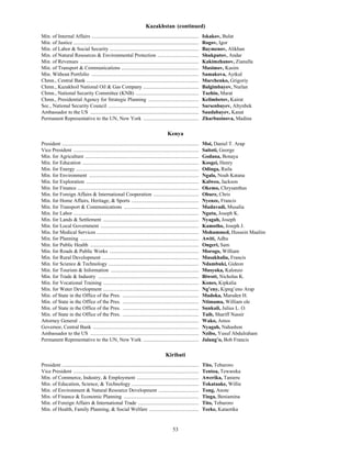 53
Kazakhstan (continued)
Min. of Internal Affairs ................................................................................... Iskakov, Bulat
Min. of Justice ................................................................................................. Rogov, Igor
Min. of Labor & Social Security ..................................................................... Baymenov, Alikhan
Min. of Natural Resources & Environmental Protection ................................ Shukputov, Andar
Min. of Revenues ............................................................................................ Kakimzhanov, Zianulla
Min. of Transport & Communications ............................................................ Masimov, Kasim
Min. Without Portfolio ................................................................................... Samakova, Aytkul
Chmn., Central Bank ....................................................................................... Marchenko, Grigoriy
Chmn., Kazakhoil National Oil & Gas Company ........................................... Balgimbayev, Nurlan
Chmn., National Security Committee (KNB) ................................................. Tazhin, Marat
Chmn., Presidential Agency for Strategic Planning ....................................... Kelimbetov, Kairat
Sec., National Security Council ...................................................................... Sarsenbayev, Altynbek
Ambassador to the US .................................................................................... Saudabayev, Kanat
Permanent Representative to the UN, New York ........................................... Zharbusinova, Madina
Kenya
President .......................................................................................................... Moi, Daniel T. Arap
Vice President ................................................................................................. Saitoti, George
Min. for Agriculture ........................................................................................ Godana, Bonaya
Min. for Education .......................................................................................... Kosgei, Henry
Min. for Energy ............................................................................................... Odinga, Raila
Min. for Environment ..................................................................................... Ngala, Noah Katana
Min. for Exploration ....................................................................................... Kalweo, Jackson
Min. for Finance .............................................................................................. Okemo, Chrysanthus
Min. for Foreign Affairs & International Cooperation ................................... Obure, Chris
Min. for Home Affairs, Heritage, & Sports .................................................... Nyenze, Francis
Min. for Transport & Communications .......................................................... Mudavadi, Musalia
Min. for Labor ................................................................................................. Ngutu, Joseph K.
Min. for Lands & Settlement .......................................................................... Nyagah, Joseph
Min. for Local Government ............................................................................ Kamotho, Joseph J.
Min. for Medical Services ............................................................................... Mohammed, Hussein Maalim
Min. for Planning ............................................................................................ Awiti, Adhu
Min. for Public Health .................................................................................... Ongeri, Sam
Min. for Roads & Public Works ..................................................................... Morogo, William
Min. for Rural Development ........................................................................... Masakhalia, Francis
Min. for Science & Technology ...................................................................... Ndambuki, Gideon
Min. for Tourism & Information .................................................................... Musyoka, Kalonzo
Min. for Trade & Industry .............................................................................. Biwott, Nicholas K.
Min. for Vocational Training .......................................................................... Kones, Kipkalia
Min. for Water Development .......................................................................... Ng’eny, Kipng’eno Arap
Min. of State in the Office of the Pres. ........................................................... Madoka, Marsden H.
Min. of State in the Office of the Pres. ........................................................... Ntimama, William ole
Min. of State in the Office of the Pres. ........................................................... Sunkuli, Julius L. O.
Min. of State in the Office of the Pres. ........................................................... Taib, Shariff Nassir
Attorney General ............................................................................................. Wako, Amos
Governor, Central Bank .................................................................................. Nyagah, Nahashon
Ambassador to the US .................................................................................... Nzibo, Yusuf Abdulraham
Permanent Representative to the UN, New York ........................................... Jalang’o, Bob Francis
Kiribati
President .......................................................................................................... Tito, Teburoro
Vice President ................................................................................................. Tentoa, Tewareka
Min. of Commerce, Industry, & Employment ................................................ Awerika, Tanieru
Min. of Education, Science, & Technology .................................................... Tokataake, Willie
Min. of Environment & Natural Resource Development ............................... Tong, Anote
Min. of Finance & Economic Planning .......................................................... Tinga, Beniamina
Min. of Foreign Affairs & International Trade ............................................... Tito, Teburoro
Min. of Health, Family Planning, & Social Welfare ...................................... Teeke, Kataotika
 