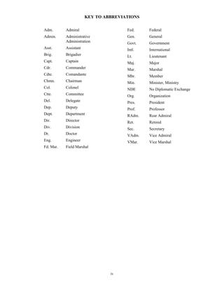 iv
Adm. Admiral
Admin. Administrative
Administration
Asst. Assistant
Brig. Brigadier
Capt. Captain
Cdr. Commander
Cdte. Comandante
Chmn. Chairman
Col. Colonel
Ctte. Committee
Del. Delegate
Dep. Deputy
Dept. Department
Dir. Director
Div. Division
Dr. Doctor
Eng. Engineer
Fd. Mar. Field Marshal
KEY TO ABBREVIATIONS
Fed. Federal
Gen. General
Govt. Government
Intl. International
Lt. Lieutenant
Maj. Major
Mar. Marshal
Mbr. Member
Min. Minister, Ministry
NDE No Diplomatic Exchange
Org. Organization
Pres. President
Prof. Professor
RAdm. Rear Admiral
Ret. Retired
Sec. Secretary
VAdm. Vice Admiral
VMar. Vice Marshal
 