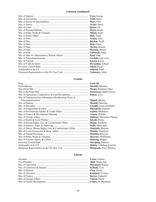 58
Lebanon (continued)
Min. of Industry .............................................................................................. Frem, George
Min. of Information ........................................................................................ Aridi, Ghazi
Min. of Interior & Municipalities ................................................................... Murr, Elias
Min. of Justice ................................................................................................. Al-Jisr, Samir
Min. of Labor .................................................................................................. Qanso, Ali
Min. of National Defense ................................................................................ Hrawi, Khalil
Min. of Public Works & Transport ................................................................. Mikati, Najib
Min. of Social Affairs ..................................................................................... Diab, Asad
Min. of State .................................................................................................... Arslan, Talal
Min. of State .................................................................................................... Baydun, Nazih
Min. of State .................................................................................................... Helu, Pierre
Min. of State .................................................................................................... Merhej, Bishara
Min. of State .................................................................................................... Pharaon, Michel
Min. of State .................................................................................................... Tabbarah, Bahej
Min. of State for Administrative Reform Affairs ........................................... Saad, Fuad
Min. of Telecommunications .......................................................................... Cordahi, Jean Louis
Min. of Tourism .............................................................................................. Karam, Karam
Min. of Youth & Sports .................................................................................. Hovnanian, Sebouh
Governor, Central Bank .................................................................................. Salimi, Riyad
Ambassador to the US .................................................................................... Abboud, Farid
Permanent Representative to the UN, New York ........................................... Tadmoury, Selim
Lesotho
King ................................................................................................................. Letsie III
Prime Minister ................................................................................................ Mosisili, Pakalitha
Dep. Prime Min. .............................................................................................. Maope, Kelebone Albert
Min. to the Prime Min. .................................................................................... Motanyane, Sephiri Enoch
Min. of Agriculture, Cooperatives, & Land Reclamation .............................. Bulane, Vova
Min. of Communications Information, Broadcasting, Posts, &
Telecommunications ................................................................................... Mphafi, Qnyane
Min. of Defense .............................................................................................. Mosisili, Pakalitha
Min. of Education ........................................................................................... Lehohla, Lesao Archibald
Min. of Employment & Labor ........................................................................ Machakela, Clement
Min. of Environment, Gender, & Youth Affairs ............................................ Lepono, Mathabiso
Min. of Finance & Development Planning ..................................................... Tsekoa, Mohlabi
Min. of Foreign Affairs ................................................................................... Thabane, Motsoahae Thomas
Min. of Health & Social Welfare .................................................................... Sekatle, Pontso
Min. of Human Rights, Law, & Constitutional Affairs .................................. Maope, Kelebone
Min. of Industry, Trade, & Marketing ............................................................ Malie, Mpho Meli
Min. of Justice, Human Rights, Law, & Constitutional Affairs ..................... Mokhehle, Shakane
Min. of Local Government & Home Affairs .................................................. Mabitle, Mopshatla
Min. of Natural Resources .............................................................................. Moleleki, Monyane
Min. of Public Works & Transport ................................................................. Moerane, Mofelehetsi
Min. of Tourism, Sports, & Culture ................................................................ Motaung, Mlalele
Governor, Central Bank .................................................................................. Maruping, Anthony
Ambassador to the US .................................................................................... Moleko, Lebohang Kenneth
Permanent Representative to the UN, New York ........................................... Mangoaela, Percy Metsing
Liberia
President .......................................................................................................... Taylor, Charles
Vice President ................................................................................................. Blah, Moses Zeh
Min. of Agriculture ......................................................................................... Massaquoi, Roland
Min. of Commerce & Industry ........................................................................ Peabody, Cora
Min. of Defense .............................................................................................. Chea, Daniel
Min. of Education ........................................................................................... Kandakai, Evelyne
Min. of Finance ............................................................................................... Barnes, Nathaniel
Min. of Foreign Affairs ................................................................................... Captan, Monie
Min. of Gender Development ......................................................................... Cooper, D. Musuleng
 