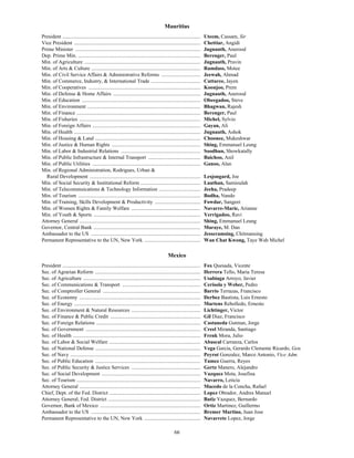 66
Mauritius
President .......................................................................................................... Uteem, Cassam, Sir
Vice President ................................................................................................. Chettiar, Angidi
Prime Minister ................................................................................................ Jugnauth, Anerood
Dep. Prime Min. .............................................................................................. Berenger, Paul
Min. of Agriculture ......................................................................................... Jugnauth, Pravin
Min. of Arts & Culture .................................................................................... Ramdass, Motee
Min. of Civil Service Affairs & Administrative Reforms .............................. Jeewah, Ahmad
Min. of Commerce, Industry, & International Trade ...................................... Cuttaree, Jayen
Min. of Cooperatives ...................................................................................... Koonjoo, Prem
Min. of Defense & Home Affairs ................................................................... Jugnauth, Anerood
Min. of Education ........................................................................................... Obeegadoo, Steve
Min. of Environment ....................................................................................... Bhagwan, Rajesh
Min. of Finance ............................................................................................... Berenger, Paul
Min. of Fisheries ............................................................................................. Michel, Sylvio
Min. of Foreign Affairs ................................................................................... Gayan, Ali
Min. of Health ................................................................................................. Jugnauth, Ashok
Min. of Housing & Land ................................................................................. Choonee, Mukeshwar
Min. of Justice & Human Rights .................................................................... Shing, Emmanuel Leung
Min. of Labor & Industrial Relations ............................................................. Soodhun, Showkatally
Min. of Public Infrastructure & Internal Transport ........................................ Baichoo, Anil
Min. of Public Utilities ................................................................................... Ganoo, Alan
Min. of Regional Administration, Rodrigues, Urban &
Rural Development ..................................................................................... Lesjongard, Joe
Min. of Social Security & Institutional Reform .............................................. Lauthan, Samioulah
Min. of Telecommuications & Technology Information ................................ Jeeha, Pradeep
Min. of Tourism .............................................................................................. Bodha, Nando
Min. of Training, Skills Development & Productivity ................................... Fowdar, Sangeet
Min. of Women Rights & Family Welfare ..................................................... Navarre-Marie, Arianne
Min. of Youth & Sports .................................................................................. Yerrigadoo, Ravi
Attorney General ............................................................................................. Shing, Emmanuel Leung
Governor, Central Bank .................................................................................. Maraye, M. Dan
Ambassador to the US .................................................................................... Jesseramsing, Chitmansing
Permanent Representative to the UN, New York ........................................... Wan Chat Kwong, Taye Wah Michel
Mexico
President .......................................................................................................... Fox Quesada, Vicente
Sec. of Agrarian Reform ................................................................................. Herrera Tello, Maria Teresa
Sec. of Agriculture .......................................................................................... Usabiaga Arroyo, Javier
Sec. of Communications & Transport ............................................................ Cerisola y Weber, Pedro
Sec. of Comptroller General ........................................................................... Barrio Terrazas, Francisco
Sec. of Economy ............................................................................................. Derbez Bautista, Luis Ernesto
Sec. of Energy ................................................................................................. Martens Rebolledo, Ernesto
Sec. of Environment & Natural Resources ..................................................... Lichtinger, Victor
Sec. of Finance & Public Credit ..................................................................... Gil Diaz, Francisco
Sec. of Foreign Relations ................................................................................ Castaneda Gutman, Jorge
Sec. of Government ........................................................................................ Creel Miranda, Santiago
Sec. of Health .................................................................................................. Frenk Mora, Julio
Sec. of Labor & Social Welfare ...................................................................... Abascal Carranza, Carlos
Sec. of National Defense ................................................................................. Vega Garcia, Gerardo Clemente Ricardo, Gen.
Sec. of Navy .................................................................................................... Peyrot Gonzalez, Marco Antonio, Vice Adm.
Sec. of Public Education ................................................................................. Tamez Guerra, Reyes
Sec. of Public Security & Justice Services ..................................................... Gertz Manero, Alejandro
Sec. of Social Development ............................................................................ Vazquez Mota, Josefina
Sec. of Tourism ............................................................................................... Navarro, Leticia
Attorney General ............................................................................................. Macedo de la Concha, Rafael
Chief, Dept. of the Fed. District ...................................................................... Lopez Obrador, Andres Manuel
Attorney General, Fed. District ....................................................................... Batiz Vazquez, Bernardo
Governor, Bank of Mexico ............................................................................. Ortiz Martinez, Guillermo
Ambassador to the US .................................................................................... Bremer Martino, Juan Jose
Permanent Representative to the UN, New York ........................................... Navarrete Lopez, Jorge
 