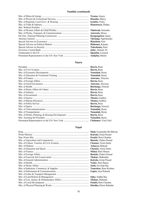 70
Namibia (continued)
Min. of Mines & Energy ................................................................................. Nyamu, Jesaya
Min. of Prisons & Correctional Services ........................................................ Hausiko, Marco
Min. of Regional, Local Govt., & Housing .................................................... Iyambo, Nicky
Min. of Trade & Industry ................................................................................ Hamutenya, Hidipo
Min. Without Portfolio ...................................................................................
Min. of Women Affairs & Child Welfare ....................................................... Ndaitwah, Netumbo
Min. of Works, Transport, & Communications .............................................. Amweelo, Moses
Dir Gen., National Planning Commission ...................................................... Kuugongelwa, Saara
Attorney General ............................................................................................. Tjiriange, Ngarikutuke
Special Advisor on Economics ....................................................................... Hanekom, Gert
Special Advisor on Political Matters .............................................................. Hishoono, Kanana
Special Advisor on Security ............................................................................ Tsheehama, Peter
Governor, Central Bank .................................................................................. Jafar, Ahmad, Dr.
Ambassador to the US .................................................................................... Iipumbu, Leonard
Permanent Representative to the UN, New York ........................................... Andjaba, Martin
Nauru
President .......................................................................................................... Harris, Rene
Min. of Civil Aviation .................................................................................... Harris, Rene
Min. of Economic Development ..................................................................... Namaduk, Remy
Min. of Education & Vocational Training ...................................................... Namaduk, Remy
Min. of Finance ............................................................................................... Amwano, Aloysius
Min. of Foreign Affairs ................................................................................... Harris, Rene
Min. of Good Governance .............................................................................. Amwano, Aloysius
Min. of Health ................................................................................................. Botelanga, Nimrod
Min. of Home Affairs & Culture .................................................................... Harris, Rene
Min. of Industry .............................................................................................. Harris, Rene
Min. of Investments ........................................................................................ Harris, Rene
Min. of Justice ................................................................................................. Thoma, Godfrey
Min. of Marine Resources ............................................................................... Thoma, Godfrey
Min. of Public Service .................................................................................... Harris, Rene
Min. of Sports ................................................................................................. Botelanga, Nimrod
Min. of Telecommunications .......................................................................... Namaduk, Remy
Min. of Transportation .................................................................................... Namaduk, Remy
Min. of Works, Planning, & Housing Development ...................................... Harris, Rene
Min. Assisting the President ........................................................................... Namaduk, Remy
Permanent Representative to the UN, New York ........................................... Clodumar, Vinci Niel
Nepal
King ................................................................................................................. Shah, Gyanendra Bir Bikram
Prime Minister ................................................................................................ Koirala, Girija Prasad
Dep. Prime Min. .............................................................................................. Poudel, Ram Chandra
Min. of Agriculture and Cooperatives ............................................................ Bastola, Chakra Prasad
Min. of Culture, Tourism, & Civil Aviation ................................................... Chataut, Tarini Dutta
Min. of Defense .............................................................................................. Acharya, Mahesh
Min. of Education and Sports ......................................................................... Chataut, Tarini Dutta
Min. of Finance ............................................................................................... Mahat, Ram Sharan
Min. of Foreign Affairs ................................................................................... Bastola, Chakra Prasad
Min. of Forest & Soil Conservation ................................................................ Thakur, Mahantha
Min. of General Administration ...................................................................... Koirala, Girija Prasad
Min. of Health ................................................................................................. Yadav, Ram Baran
Min. of Home Affairs ..................................................................................... Joshi, Govinda Raj
Min. of Industries, Commerce, & Supplies .................................................... Tamrakar, Ram Krishna
Min. of Information & Communications ........................................................ Gupta, Jaya Prakash
Min. of Labor & Transport Management .......................................................
Min. of Land Reform & Management ............................................................ Ojha, Siddha Raj
Min. of Law, Justice, & Parliamentary Affairs ............................................... Thakur, Mahanta
Min. of Local Development ............................................................................ Poudel, Ram Chandra
Min. of Physical Planning & Works ............................................................... Khadka, Khum Bahadur
 