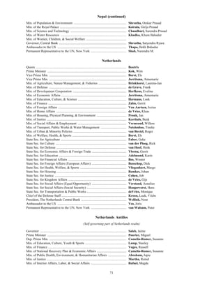 71
Nepal (continued)
Min. of Population & Environment ................................................................ Shrestha, Omkar Prasad
Min. of the Royal Palace ................................................................................. Koirala, Girija Prasad
Min. of Science and Technology .................................................................... Chaudhari, Surendra Prasad
Min. of Water Resources ................................................................................ Khadka, Khum Bahadur
Min. of Women, Children, & Social Welfare .................................................
Governor, Central Bank .................................................................................. Shrestha, Satyendra Ryara
Ambassador to the US .................................................................................... Thapa, Bekh Bahadur
Permanent Representative to the UN, New York ........................................... Shah, Narendra M.
Netherlands
Queen .............................................................................................................. Beatrix
Prime Minister ................................................................................................ Kok, Wim
Vice Prime Min. .............................................................................................. Borst, Els
Vice Prime Min. .............................................................................................. Jorritsma, Annemarie
Min. of Agriculture, Nature Management, & Fisheries .................................. Brinkhorst, Laurens-Jan
Min. of Defense .............................................................................................. de Grave, Frank
Min. of Development Cooperation ................................................................. Herfkens, Eveline
Min. of Economic Affairs ............................................................................... Jorritsma, Annemarie
Min. of Education, Culture, & Science ........................................................... Hermans, Loek
Min. of Finance ............................................................................................... Zalm, Gerrit
Min. of Foreign Affairs ................................................................................... Van Aartsen, Jozias
Min. of Home Affairs ..................................................................................... de Vries, Klaas
Min. of Housing, Physical Planning, & Environment .................................... Pronk, Jan
Min. of Justice ................................................................................................. Korthals, Benk
Min. of Social Affairs & Employment ........................................................... Vermeend, Willem
Min. of Transport, Public Works & Water Management ............................... Netelenbos, Tineke
Min. of Urban & Minority Policies ................................................................. van Boxtel, Roger
Min. of Welfare, Health, & Sports .................................................................. Borst, Els
State Sec. for Agriculture ................................................................................ Faber, Geke
State Sec. for Culture ...................................................................................... van der Ploeg, Rick
State Sec. for Defense ..................................................................................... van Hoof, Henk
State Sec. for Economic Affairs & Foreign Trade .......................................... Ybema, Gerrit
State Sec. for Education .................................................................................. Adelmund, Karin
State Sec. for Financial Affairs ....................................................................... Bos, Wouter
State Sec. for Foreign Affairs (European Affairs) .......................................... Benschop, Dick
State Sec. for Health, Welfare, & Sports ........................................................ Vliegenhart, Margo
State Sec. for Housing ..................................................................................... Remkes, Johan
State Sec. for Justice ....................................................................................... Cohen, Job
State Sec. for Kingdom Affairs ....................................................................... de Vries, Gijs
State Sec. for Social Affairs (Equal Opportunity) .......................................... Verstand, Annelies
State Sec. for Social Affairs (Social Security) ................................................ Hoogervorst, Hans
State Sec. for Transportation & Public Works ................................................ deVries, Monique
Chief of the Defense Staff ............................................................................... Kroon, Luuk, VAdm.
President, The Netherlands Central Bank ....................................................... Wellink, Nout
Ambassador to the US .................................................................................... Vos, Joris
Permanent Representative to the UN, New York ........................................... van Walsum, Peter
Netherlands Antilles
(Self-governing part of Netherlands realm)
Governor ......................................................................................................... Saleh, Jaime
Prime Minister ................................................................................................ Pourier, Miguel
Dep. Prime Min. .............................................................................................. Camelia-Romer, Susanne
Min. of Education, Culture, Youth & Sports .................................................. Lamp, Stanley
Min. of Finance ............................................................................................... Voges, Russell
Min. of National Recovery Plan & Economic Affairs .................................... Camelia-Romer, Susanne
Min. of Public Health, Environment, & Humanitarian Affairs ...................... Abraham, Jopie
Min. of Justice ................................................................................................. Martha, Rutsel
Min. of Interior Affairs, Labor, & Social Affairs ........................................... Rafael, Magda
 