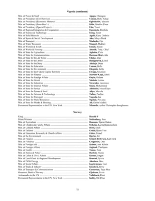 75
Nigeria (continued)
Min. of Power & Steel .................................................................................... Agagu, Olusegun
Min. of Presidency (Civil Service) ................................................................. Usman, Bello Alhaji
Min. of Presidency (Economic Matters) ......................................................... Ogbuleafor, Vincent
Min. of Presidency (Inter-Gov’t.) ................................................................... Kida, Ibrahim Umar
Min. of Presidency (Special Project) .............................................................. Edu, Yomi
Min. of Regional Integration & Cooperation .................................................. Ogunkelu, Bimbola
Min. of Science & Technology ....................................................................... Isong, Tuner
Min. of Solid Minerals .................................................................................... Agabi, Kanu Godwin
Min. of Sports & Social Development ............................................................ Aku, Ishaya Mark
Min. of Transport ............................................................................................ Madueke, Ojo
Min. of Water Resources ................................................................................ Shagari, Muktari
Min. of Women & Youth ................................................................................ Ismail, Aishat
Min. of Works & Housing .............................................................................. Anenih, Tony, Chief
Min. of State for Agriculture .......................................................................... Agbobu, Chris
Min. of State for Communications .................................................................. Haruna-Elewi, Ade
Min. of State for the Air Force ........................................................................ Chuke, Dan
Min. of State for the Army .............................................................................. Batagarawa, Lawal
Min. of State for the Navy .............................................................................. Adelaja, Dupe
Min. of State for Education ............................................................................. Usman, Bello
Min. of State for Environment ........................................................................ Okopido, Bello
Min. of State for the Federal Capital Territory ............................................... Ewugu, Solomon
Min. of State for Finance ................................................................................ Martins-Kuye, Jubril
Min. of State for Foreign Affairs .................................................................... Onyia, Dubem
Min. of State for Health .................................................................................. Ndalolo, Amina
Min. of State for Industries ............................................................................. Nwuruku, Lawrence
Min. of State for Internal Affairs .................................................................... Shata, Mohammed
Min. of State for Justice .................................................................................. Abdulahi, Musa Elayo
Min. of State for Power & Steel ...................................................................... Aliyu, Murtala
Min. of State for Science & Technology ........................................................ Tallen, Pauline
Min. of State for Transport ............................................................................. Yuguda, Isa
Min. of State for Water Resources .................................................................. Ngelale, Precious
Min. of State for Works & Housing ................................................................ Ali, Garba Madaki
Permanent Representative to the UN, New York ........................................... Mbanefo, Arthur Christopher Izuegbunam
Norway
King ................................................................................................................. Harald V
Prime Minister ................................................................................................ Stoltenberg, Jens
Min. of Agriculture ......................................................................................... Hanssen, Bjarne Hakon
Min. of Children & Family Affairs ................................................................. Orheim, Karita Bekkemellem
Min. of Cultural Affairs .................................................................................. Horn, Ellen
Min. of Defense .............................................................................................. Godal, Bjorn Tore
Min. of Education, Research, & Church Affairs ............................................ Giske, Trond
Min. of the Environment ................................................................................. Bjerke, Siri
Min. of Finance ............................................................................................... Schjott-Pedersen, Karl Eirik
Min. of Fisheries ............................................................................................. Gregussen, Otto
Min. of Foreign Aid ........................................................................................ Sydnes, Ann Kristin
Min. of Foreign Affairs ................................................................................... Jagland, Thorbjorn
Min. of Health ................................................................................................. Tonne, Tore
Min. of Justice & Police .................................................................................. Harlem, Hanne
Min. of Labor & Govt. Admin. ....................................................................... Kosmo, Jorgen
Min. of Local Govt. & Regional Development .............................................. Brustad, Sylvia
Min. of Oil & Energy ...................................................................................... Akselsen, Olav
Min. of Social Affairs ..................................................................................... Ingebrigtsen, Guri
Min. of Trade & Industry ................................................................................ Knudsen, Grete
Min. of Transport & Communications ............................................................ Gustavsen, Terje Moe
Governor, Bank of Norway ............................................................................. Gjedrem, Svein
Ambassador to the US .................................................................................... Vollebaek, Knut
Permanent Representative to the UN, New York ........................................... Kolby, Ole Peter
 