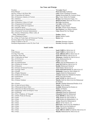85
Sao Tome and Principe
President .......................................................................................................... Trovoada, Miguel
Prime Minister ................................................................................................ Posser da Costa, Guilherme
Dep Sec of State to the Prime Min. ................................................................. Lima, Emilio Guadalupe Fernandes
Min. of Agriculture & Fisheries ...................................................................... Santos, Hermenilgido De Assuncao Sousa
Min. of Commerce, Industry, & Tourism ....................................................... Rita, Cosme Afonso Da Trindade
Min. of Defense .............................................................................................. Bexigas, Joao Quaresma Viegas, Col.
Min. of Economics .......................................................................................... Batista de Sousa, Maria Das Neves Ceita
Min. of Education, Culture, & Youth ............................................................. Da Costa, Sacramento
Min. of Equipment & Environment ................................................................ Carvalho, Arlindo Afonso
Min. of Foreign Affairs & Cooperation .......................................................... Branco. Joaquim Rafael
Min. of Health & Sports .................................................................................. De Lima, Antonio Soares Marques
Min. of Infrastructure & Natural Resources ................................................... Dos Prazeres, Luis Alberto Carneiro
Min. of Internal & Territorial Administration ................................................ Lima, Manuel Da Cruz Margal
Min. of Justice, Parliamentary Affairs, Labor, &
Public Administration ................................................................................. Paulino, Alberto
Min. of Planning & Finance ............................................................................ David, Adelino Castelo
Sec. of State for Youth, Sport, & Professional Training ................................ Bastos, Luis
Governor, Bank of Sao Tome & Principe .......................................................
Charge d’Affaires to the US ........................................................................... Ferreira, Domingos Augusto
Permanent Representative to the UN, New York ........................................... Ferreira, Domingos Augustos
Saudi Arabia
King ................................................................................................................. Saud, FAHD bin Abd al-Aziz Al
Prime Minister ................................................................................................ Saud, FAHD bin Abd al-Aziz Al
First Dep. Prime Min. ..................................................................................... Saud, ABDALLAH bin Abd al-Aziz Al
Second Dep. Prime Min. ................................................................................. Saud, SULTAN bin Abd al-Aziz Al
Min. of Agriculture & Water .......................................................................... Muammar, Abdallah bin Abd al-Aziz al-
Min. of Civil Service ....................................................................................... Fayiz, Muhammad bin Ali
Min. of Commerce .......................................................................................... Faqih, Usama Jafar
Min. of Communications ................................................................................ Salum, Nasir bin Muhammad al-, Dr.
Min. of Defense & Aviation ........................................................................... Saud, SULTAN bin Abd al-Aziz Al
Min. of Education ........................................................................................... Rashid, Muhammad Ahmad al-
Min. of Finance & National Economy ............................................................ Asaf, Ibrahim Abd al-Aziz al-
Min. of Foreign Affairs ................................................................................... Saud, SAUD al-FAYSAL bin Abd al-Aziz Al
Min. of Health ................................................................................................. Shubukshi, Usama bin Abd al-Majid, Dr.
Min. of Higher Education ............................................................................... Angari, Khalid bin Muhammad al-
Min. of Industry & Electricity ........................................................................ Yamani, Hashim bin Abdallah bin Hashim
Min. of Information ........................................................................................ Farsi, Fuad Abd al-Salam
Min. of Interior ................................................................................................ Saud, NAYIF bin Abd al-Aziz Al
Min. of Islamic Guidance ............................................................................... Shaykh, Salih bin Abd al-Aziz bin Muhammad
bin Ibrahim
Min. of Justice ................................................................................................. Shaykh, Abdallah Muhammad Ibrahim Al al-
Min. of Labor & Social Affairs ....................................................................... Namla, Ali bin Ibrahim
Min. of Municipal & Rural Affairs ................................................................. Jarallah, Muhammad bin Ibrahim al-
Min. of Petroleum & Mineral Resources ........................................................ Naimi, Ali Ibrahim
Min. of Pilgrimage Affairs & Religious Trusts .............................................. Madani, Iyyad bin Amin
Min. of Planning ............................................................................................. Ghusaybi, Khalid bin Muhammad
Min. of Post, Telephone, & Telegraph ........................................................... Ghusaybi, Khalid bin Muhammad
Min. of Public Works & Housing ................................................................... Saud, MITIB bin Abd al-Aziz Al
Min. of State .................................................................................................... Alaqi, Madani bin Abd al-Qadir al-
Min. of State .................................................................................................... Assaf, Ibrahim bin Muhammad al-, Dr.
Min. of State .................................................................................................... Ayban, Musaid bin Muhammad al-
Min. of State .................................................................................................... Jihani, Ali bin Talal al-, Dr.
Min. of State .................................................................................................... Khuwaytir, Abd al-Aziz bin Abdallah al-
Min. of State .................................................................................................... Mani, Abd al-Aziz bin Ibrahim al-
Min. of State .................................................................................................... Nafisa, Mutalib bin Abdallah al-
Min. of State .................................................................................................... Saud, ABD AL-AZIZ bin Fahd bin Abd al-Aziz Al
Min. of State .................................................................................................... Shaykh, Muhammad bin Abd al-Aziz al-
 