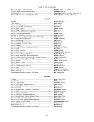 86
Saudi Arabia (continued)
Pres. of the Higher Council of Ulema ............................................................. Shaykh, Abd al-Aziz Abdallah al-
Governor, Saudi Arabian Monetary Agency .................................................. Sayyari, Hamad al-
Ambassador to the US .................................................................................... Saud, BANDAR bin Sultan bin Abd al-Aziz Al
Permanent Representative to the UN, New York ........................................... Shubukshi, Fawzi bin Abd al-Majid al-
Senegal
President .......................................................................................................... Wade, Abdoulaye
Prime Minister ................................................................................................ Boye, Madior
Min. of African Integration ............................................................................. Sow, Amadou
Min. of Agriculture & Stockbreeding ............................................................. Diouf, Pape
Min. of Armed Forces ..................................................................................... Sambo, Youba
Min. in Charge of Relations with Assemblies ................................................ Dja, Haoua
Min. of Civil Service, Labor, & Employment ................................................ Dem, Yero
Min. of Culture & Communication ................................................................. Mbow, Penda
Min. Del. for Budget ....................................................................................... Diop, Abdoulaye
Min. Del. for Literacy, Technical, & Vocational Training ............................. Diop, Becaye
Min. of Energy & Water Resources ................................................................ Bathily, Abdoulaye
Min. of Environment ....................................................................................... Ba, Lamine
Min. of Equipment & Transportation ............................................................. Seck, Mamadou
Min. of Finance & Economic Affairs ............................................................. Diop Moctar
Min. of Fisheries ............................................................................................. Sarr, Oumar
Min. of Foreign Affairs & Senegalese Abroad ............................................... Gadio, Cheikh Tidiane
Min. of Health ................................................................................................. Fall, Abdoul
Min. of Higher Education ............................................................................... Diagne, Mousee
Min. of Interior ................................................................................................ Niang, Mamadou, Maj. Gen.
Min. of Justice & Keeper of the Seals ............................................................ Madior Boye, Mame
Min. of Mines, Handicrafts, & Industry Landing ........................................... Savane, Landing
Min. of National Education, Technical, & Vocational Training .................... Ndiaye, Kansoumbaly
Min. of National Soldarity & Family Affairs ................................................. Tall, Aminata
Min. of Planning ............................................................................................. Thima, Samba Dioulde
Min. of Sports & Leisure ................................................................................ Ndong, Joseph
Min. of Tourism .............................................................................................. Toure, Ndiawar
Min. of Town Planning & Housing ................................................................ Fall, Pape Sadibou
Min. of Trade .................................................................................................. Thiam, Horatius
Min. of Youth .................................................................................................. Diagne, Momodou Fada
Ambassador to the US .................................................................................... Seck, Mamadou Mansour
Permanent Representative to the UN, New York ........................................... Ka, Ibra Deguene
Seychelles
President .......................................................................................................... Rene, France Albert
Vice President ................................................................................................. Michel, James
Min. of Administration ................................................................................... Alexander, Noellie
Min. of Agriculture & Marine Resources ....................................................... Dolor, Ernesta
Min. of Culture & Information ....................................................................... Jumeau, Ronny
Min. of Education ........................................................................................... Faure, Danny
Min. of Foreign Affairs, Planning, & Environment ........................................ Bonnelame, Jeremie
Min. of Health ................................................................................................. Dugasse, Jacqueline
Min. of Housing and Land Use ....................................................................... Belmont, Joseph
Min. of Industries & International Business ................................................... Pillay, Patrick
Min. of Internal Affairs, Defense, & Legal Affairs ........................................ Rene, France Albert
Min. of Local Government & Sports .............................................................. Frichot, Sylvette
Min. of Social Affairs & Manpower Development ........................................ Herminie, William
Min. of Tourism & Civil Aviation .................................................................. De Comarmond, Simone
Governor, Central Bank .................................................................................. Weber, Norman
Ambassador to the US .................................................................................... Morel, Claude
Permanent Representative to the UN, New York ........................................... Morel, Claude
 