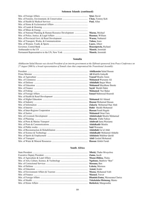 89
Solomon Islands (continued)
Min. of Foreign Affairs ................................................................................... Sitai, David
Min. of Forestry, Environment, & Conservation ............................................ Chan, Tommy Koh
Min. of Health & Medical Services ................................................................ Paul, Allan
Min. of Home & Ecclesiastical Affairs ...........................................................
Min. of Lands & Housing ...............................................................................
Min. of Mines & Energy .................................................................................
Min. of National Planning & Human Resource Development ....................... Maena, Michael
Min. of Police, Justice, & Legal Affairs ......................................................... Haomae, William
Min. of Provincial Govt. & Rural Development ............................................. Waena, Nathaniel
Min. of Transport, Works, & Communications .............................................. Tahua, Joses
Min. of Women, Youth, & Sports ................................................................... Laore, Albert
Governor, Central Bank .................................................................................. Houenipwela, Richard
Ambassador to the US .................................................................................... Manele, Jeremiah
Permanent Representative to the UN, New York ........................................... Manele, Jeremiah
Somalia
Abdikassim Salad Hassan was elected President of an interim government at the Djibouti-sponsored Arta Peace Conference on
27 August 2000 by a broad representation of Somali clans that compromised the Transitional Assembly.
President .......................................................................................................... Abdikassim Salad Hassan
Prime Minister ................................................................................................ Ali Khalifa Galaydh
Min. of Agriculture ......................................................................................... Yousuf Moalin Amin
Min. of Commerce .......................................................................................... Mohamed Warsame Ali
Min. of Defense .............................................................................................. Abdullahi Baqor Musa
Min. of Education ........................................................................................... Mohamed Maydhane Burale
Min. of Finance ............................................................................................... Sayid Sheikh Dahir
Min. of Fishing ............................................................................................... Mohamed Nur Bakar
Min. of Foreign Affairs ................................................................................... Ismael Mahmoud Hourreh
Min. of Health & Rural Development ............................................................
Min. of Higher Education ............................................................................... Mohamed Ali Ahmed
Min. of Industry .............................................................................................. Hassan Mohamud Hassan
Min. of Information ........................................................................................ Zakaria Mohamud Haji Abdi
Min. of Interior ................................................................................................ Dahir Sheikh Mohamed
Min. of Inter-Regions Cooperation ................................................................. Hassan Farah Hugale
Min. of Justice ................................................................................................. Mohamed Omar Fara
Min. of Livestock Development ..................................................................... Abdulwahab Moalin Mohamud
Min. of Planning ............................................................................................. Hussein Elabe Fahiye
Min. of Ports & Marine Transport .................................................................. Abdiwali Jama Warsame
Min. of Posts & Communications ................................................................... Abdulkadir Moalin
Min. of Public works ....................................................................................... Said Warsame
Min. of Reconstruction & Rehabilitation ........................................................ Abdullahi Ga’al Abdi
Min. of Science & Technology ....................................................................... Abdulkadir Mohamed Abdulle
Min. of Sports & Employment ....................................................................... Abdulasis Mukhtar Qaridi
Min. of Transport ............................................................................................ Abdi Gouled Mohamed
Min. of Water & Mineral Resources ............................................................... Hassan Abshir Farah
South Africa
State President ................................................................................................. Mbeki, Thabo Mvuyelwa
Executive Deputy President ............................................................................ Zuma, Jacob
Min. of Agriculture & Land Affairs ............................................................... Msane-Didiza, Thoko
Min. of Arts, Culture, Science, & Technology ............................................... Ngubane, Baldwin “Ben”
Min. of Correctional Services ......................................................................... Skosana, Ben
Min. of Defense .............................................................................................. Lekota, Mosiuoa
Min. of Education ........................................................................................... Asmal, Kader
Min. of Environment Affairs & Tourism ........................................................ Moosa, Mohamed Valli
Min. of Finance ............................................................................................... Manuel, Trevor
Min. of Foreign Affairs ................................................................................... Dlamini-Zuma, Nkosazana Clarice
Min. of Health ................................................................................................. Tshabalala-Msimang, Manto
Min. of Home Affairs ..................................................................................... Buthelezi, Mangosuthu
 