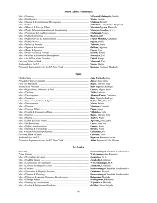 90
South Africa (continued)
Min. of Housing .............................................................................................. Mthembi-Mahanyele, Sankie
Min. of Intelligence ......................................................................................... Sisulu, Lindiwe
Min. of Justice & Constitutional Development .............................................. Maduna, Penuell
Min. of Labor .................................................................................................. Mdladlana, Membathisi Shepherd
Min. of Mineral & Energy Affairs .................................................................. Mlambo-Ngcuka, Phumzile
Min. of Posts, Telecommunications, & Broadcasting .................................... Matsepe-Cassaburri, Ivy
Min. of Provincial & Local Government ........................................................ Mufamadi, Sydney
Min. of Public Enterprises .............................................................................. Radebe, Jeff
Min. of Public Service & Administration ....................................................... Fraser-Moleketi, Geraldine
Min. of Public Works ...................................................................................... Sigcau, Stella
Min. of Safety & Security ............................................................................... Tshwete, Steve
Min. of Sport & Recreation ............................................................................ Balfour, Ngconde
Min. of Trade & Industry ................................................................................ Erwin, Alec
Min. of Water Affairs & Forestry ................................................................... Kasrils, Ronnie
Min. of Welfare & Population Development .................................................. Skweyiya, Zola
Min. in the Office of the President .................................................................. Pahad, Essop
Governor, Reserve Bank ................................................................................. Mboweni, Tito
Ambassador to the US .................................................................................... Sisulu, Sheila
Permanent Representative to the UN, New York ........................................... Kumalo, Dumisani Shadrack
Spain
Chief of State .................................................................................................. Juan Carlos I, King
President of the Government .......................................................................... Aznar, Jose Maria
First Vice President ......................................................................................... Rajoy, Mariano Brey
Second Vice President .................................................................................... Rato Figaredo, Rodrigo
Min. of Agriculture, Fisheries, & Food .......................................................... Canete, Miguel Arias
Min. of Defense .............................................................................................. Trillo, Federico
Min. of Development ...................................................................................... Alvarez-Cascos, Francisco
Min. of Economy ............................................................................................ Rato Figaredo, Rodrigo
Min. of Education, Culture, & Sport ............................................................... Del Castillo, Pilar Vera
Min. of Environment ....................................................................................... Matas, Jaume
Min. of Finance ............................................................................................... Montoro, Cristobal
Min. of Foreign Affairs ................................................................................... Pique, Josep
Min. of Health & Consumer Affairs ............................................................... Villalobos, Celia
Min. of Interior ................................................................................................ Rajoy, Mariano Brey
Min. of Justice ................................................................................................. Acebes, Angel
Min. of Labor & Social Issues ........................................................................ Aparicio, Juan Carlos
Min. of the Presidency .................................................................................... Lucas, Juan Jose
Min. of Public Administration ........................................................................ Posada, Jesus
Min. of Science & Technology ....................................................................... Birules, Anna
Min. Without Portfolio (Spokesman) ............................................................. Cabanillas, Pio
Governor, Bank of Spain ................................................................................ Caruana, Jaime
Ambassador to the US .................................................................................... Ruperez, Francisco Javier
Permanent Representative to the UN, New York ........................................... Arias, Inocencio Felix Llamas
Sri Lanka
President .......................................................................................................... Kumaratunga, Chandrika Bandaranaike
Prime Minister ................................................................................................ Wickramanayake, Ratnasiri
Min. of Agriculture & Lands .......................................................................... Jayaratna, D. M.
Min. of Buddha Sasana ................................................................................... Jayakody, Lakshman
Min. of Cooperative Development ................................................................. Wickremasinghe, D. P.
Min. of Cultural & Religious Affairs .............................................................. Jayakody, Lakshman
Min. of Defense .............................................................................................. Kumaratunga, Chandrika Bandaranaike
Min. of Education & Higher Education .......................................................... Pathirana, Richard
Min. of Finance & Planning ............................................................................ Kumaratunga, Chandrika Bandaranaike
Min. of Fisheries & Aquatic Resources Development ................................... Rajapakse, Mahinda
Min. of Foreign Affairs ................................................................................... Kadirgamar, Lakshman
Min. of Forestry & Environment .................................................................... Wijesekera, Mahinda
Min. of Health & Indigenuous Medicine ........................................................ de Silva, Nimal Siripala
 