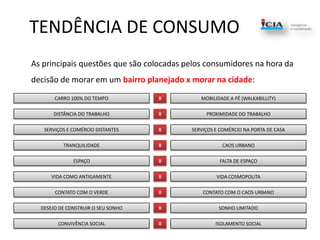 TENDÊNCIA DE CONSUMO      As principais questões que são colocadas pelos consumidores na hora da decisão de morar em um bairro planejado x morar na cidade:CARRO 100% DO TEMPOXMOBILIDADE A PÉ (WALKABILLITY)DISTÂNCIA DO TRABALHOXPROXIMIDADE DO TRABALHOSERVIÇOS E COMÉRCIO DISTANTESXSERVIÇOS E COMÉRCIO NA PORTA DE CASATRANQUILIDADEXCAOS URBANOESPAÇOXFALTA DE ESPAÇOVIDA COMO ANTIGAMENTEXVIDA COSMOPOLITACONTATO COM O VERDEXCONTATO COM O CAOS URBANODESEJO DE CONSTRUIR O SEU SONHOXSONHO LIMITADOCONVIVÊNCIA SOCIALXISOLAMENTO SOCIAL