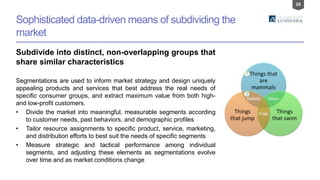 26
Sophisticated data-driven means of subdividing the
market
Subdivide into distinct, non-overlapping groups that
share similar characteristics
Segmentations are used to inform market strategy and design uniquely
appealing products and services that best address the real needs of
specific consumer groups, and extract maximum value from both high-
and low-profit customers.
• Divide the market into meaningful, measurable segments according
to customer needs, past behaviors, and demographic profiles
• Tailor resource assignments to specific product, service, marketing,
and distribution efforts to best suit the needs of specific segments
• Measure strategic and tactical performance among individual
segments, and adjusting these elements as segmentations evolve
over time and as market conditions change
 