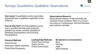 33
Surveys: Quantitatiive, Qualitative, Observational
How many? A quantitative survey may be less
appropriate than a qualitative exploration of the
audience.
How do they feel? A formal qualitative survey
uses a questionnaire that asks structured
questions on issues. Includes checklists of
Identifying Characteristics and Enriching
Characteristics.
Classical Methods
Focus Groups
Individual in Depth Interviews
Photo/Video Etnography
Be attentive to conversations
Buzz
Hearsay
Hype
Word of Mouth
Observational Research
Observational research or talk informally with
members of your audience, either on a one-on-
one basis or in small groups. Informal interviews
with audience members.
.
Leading Edge Methods
Online Focus Groups
Online Forums
Online Communities
 