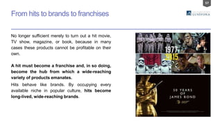 57
From hits to brands to franchises
No longer sufficient merely to turn out a hit movie,
TV show, magazine, or book, because in many
cases these products cannot be profitable on their
own.
A hit must become a franchise and, in so doing,
become the hub from which a wide-reaching
variety of products emanates.
Hits behave like brands. By occupying every
available niche in popular culture, hits become
long-lived, wide-reaching brands.
 
