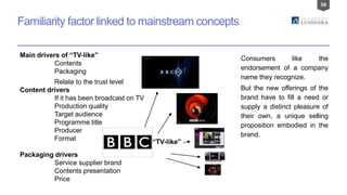 58
Familiarity factor linked to mainstream concepts
Main drivers of “TV-like”
Contents
Packaging
Relate to the trust level
Content drivers
If it has been broadcast on TV
Production quality
Target audience
Programme title
Producer
Format
Packaging drivers
Service supplier brand
Contents presentation
Price
“TV-like”
Consumers like the
endorsement of a company
name they recognize.
But the new offerings of the
brand have to fill a need or
supply a distinct pleasure of
their own, a unique selling
proposition embodied in the
brand.
 