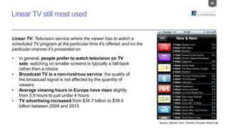 61
Linear TV still most used
Linear TV: Television service where the viewer has to watch a
scheduled TV program at the particular time it’s offered, and on the
particular channel it's presented on.
• In general, people prefer to watch television on TV
sets: watching on smaller screens is typically a fall-back
rather then a choice
• Broadcast TV is a non-rivalrous service: the quality of
the broadcast signal is not affected by the quantity of
viewers
• Average viewing hours in Europe have risen slightly
from 3,5 hours to just under 4 hours
• TV advertising increased from $34.7 billion to $38.9
billion between 2004 and 2013
Source: Defined Term, Deloitte, Ericsson Media Lab
 