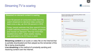 62
Streaming TV is soaring
Streaming content is an audio or video file on the Internet that
is partially downloaded and then played as the remainder of the
file is being downloaded.
Live streaming is the method of constantly sending and
receiving content over the Internet.
 