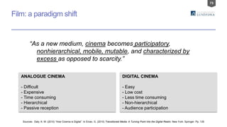 73
Film: a paradigm shift
Sources: Daly, K. M. (2010) “How Cinema is Digital”. In Einav, G. (2010) Transitioned Media: A Turning Point Into the Digital Realm. New York: Springer. Pp. 135
“As a new medium, cinema becomes participatory,
nonhierarchical, mobile, mutable, and characterized by
excess as opposed to scarcity.”
ANALOGUE CINEMA
- Difficult
- Expensive
- Time consuming
- Hierarchical
- Passive reception
DIGITAL CINEMA
- Easy
- Low cost
- Less time consuming
- Non-hierarchical
- Audience participation
 
