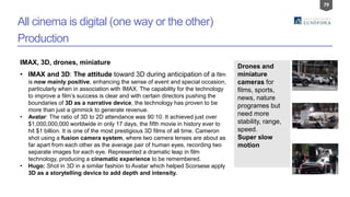 79
All cinema is digital (one way or the other)
Production
IMAX, 3D, drones, miniature
• IMAX and 3D: The attitude toward 3D during anticipation of a film
is now mainly positive, enhancing the sense of event and special occasion,
particularly when in association with IMAX. The capability for the technology
to improve a film’s success is clear and with certain directors pushing the
boundaries of 3D as a narrative device, the technology has proven to be
more than just a gimmick to generate revenue.
• Avatar: The ratio of 3D to 2D attendance was 90:10. It achieved just over
$1,000,000,000 worldwide in only 17 days, the fifth movie in history ever to
hit $1 billion. It is one of the most prestigious 3D films of all time. Cameron
shot using a fusion camera system, where two camera lenses are about as
far apart from each other as the average pair of human eyes, recording two
separate images for each eye. Represented a dramatic leap in film
technology, producing a cinematic experience to be remembered.
• Hugo: Shot in 3D in a similar fashion to Avatar which helped Scorsese apply
3D as a storytelling device to add depth and intensity.
Drones and
miniature
cameras for
films, sports,
news, nature
programes but
need more
stability, range,
speed.
Super slow
motion
 