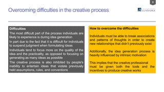 9
Overcoming difficulties in the creative process
Difficulties
The most difficult part of the process individuals are
likely to experience is during idea generation
In part due to the fact that it is difficult for individuals
to suspend judgment when formulating ideas
Individuals tend to focus more on the quality of the
idea and the practicality, as opposed to focusing on
generating as many ideas as possible
The creative process is also inhibited by people's
inability to entertain ideas that violate previously
held assumptions, rules, and conventions
How to overcome the difficulties
Individuals must be able to break associations
and patterns of thoughts in order to create
new relationships that didn’t previously exist
Additionally, the idea generation process is
heavily influenced by intrinsic motivation
This implies that the creative professional
must be given both the tools and the
incentives to produce creative works
 