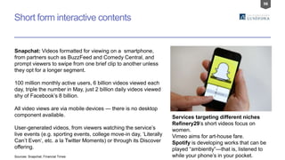 98
Short form interactive contents
Snapchat: Videos formatted for viewing on a smartphone,
from partners such as BuzzFeed and Comedy Central, and
prompt viewers to swipe from one brief clip to another unless
they opt for a longer segment.
100 million monthly active users, 6 billion videos viewed each
day, triple the number in May, just 2 billion daily videos viewed
shy of Facebook’s 8 billion.
All video views are via mobile devices — there is no desktop
component available.
User-generated videos, from viewers watching the service’s
live events (e.g. sporting events, college move-in day, ‘Literally
Can’t Even‘, etc. a la Twitter Moments) or through its Discover
offering.
Services targeting different niches
Refinery29’s short videos focus on
women.
Vimeo aims for art-house fare.
Spotify is developing works that can be
played “ambiently”—that is, listened to
while your phone’s in your pocket.Sources: Snapchat, Financial Times
 